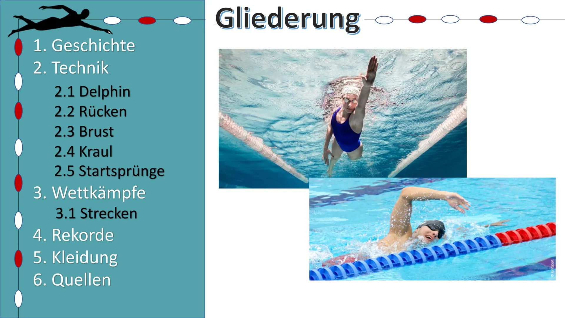 Schwimmen
Helena Kuntzsch 2021 Gliederung
1. Geschichte
2. Technik
2.1 Delphin
2.2 Rücken
2.3 Brust
2.4 Kraul
2.5 Startsprünge
3.