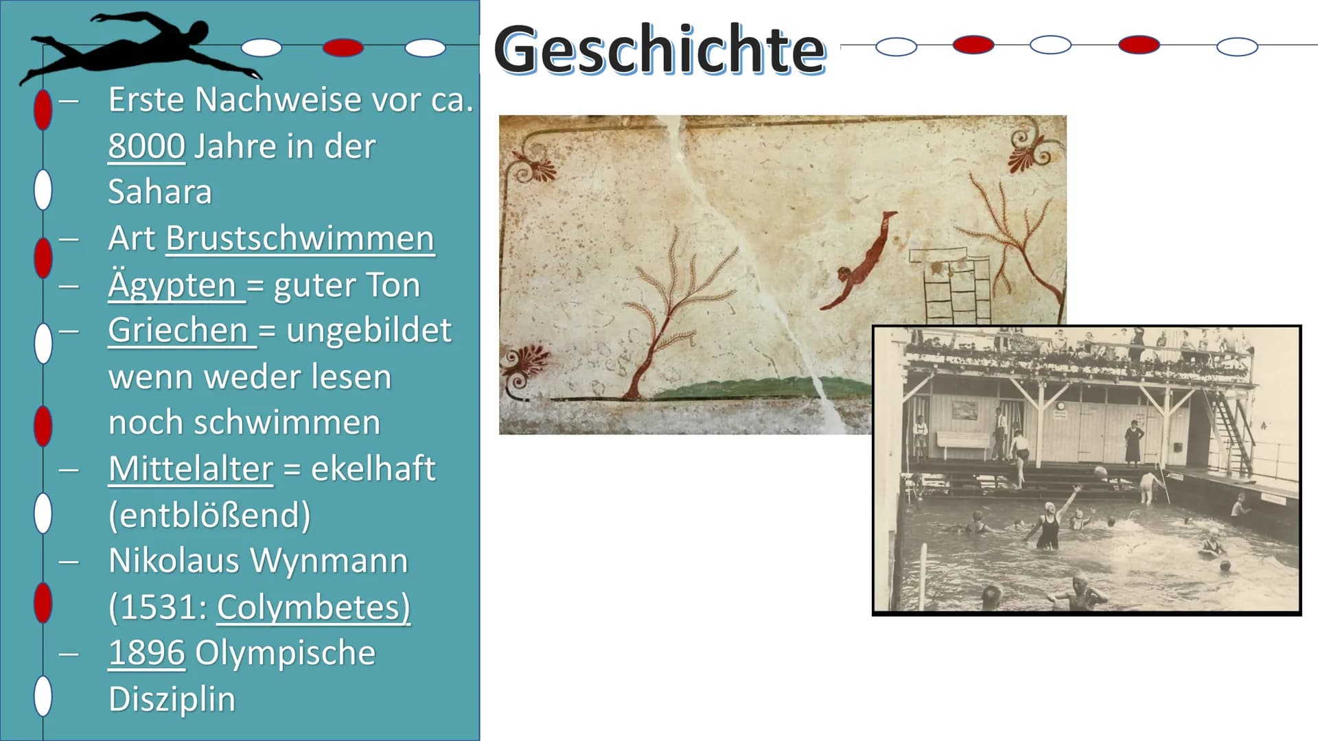 Schwimmen
Helena Kuntzsch 2021 Gliederung
1. Geschichte
2. Technik
2.1 Delphin
2.2 Rücken
2.3 Brust
2.4 Kraul
2.5 Startsprünge
3.