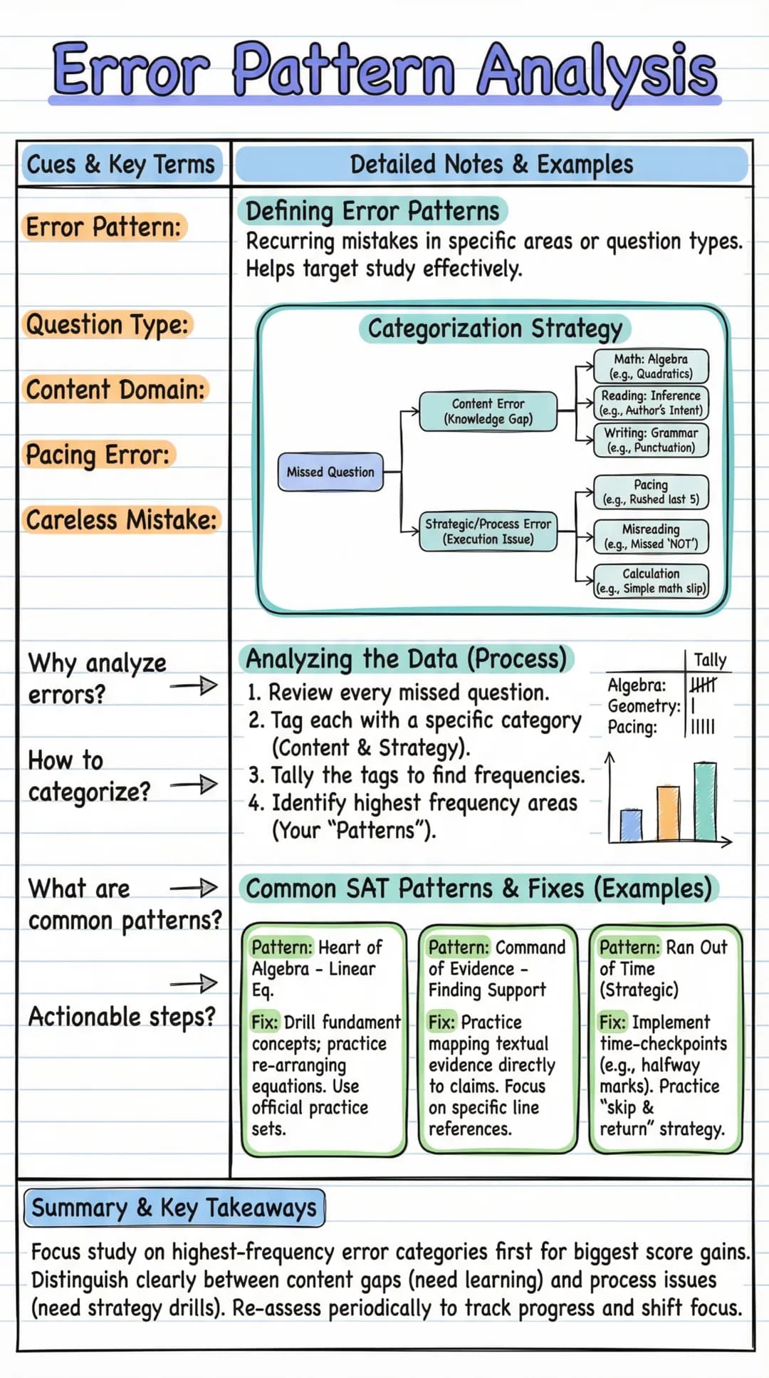 # Error Pattern Analysis
Cues & Key Terms
Error Pattern:
Question Type:
Content Domain:
Pacing Error:
Careless Mistake:
Why analyze
e