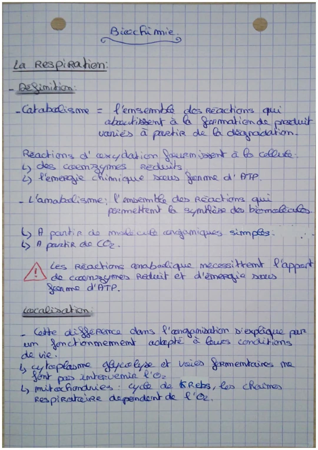 Bicechimie
La Respiration:
Definition:
-Catabolisme =
l'emsemble des Reactions qui
abacutissent à la formationd
vaniés à partir de la deg