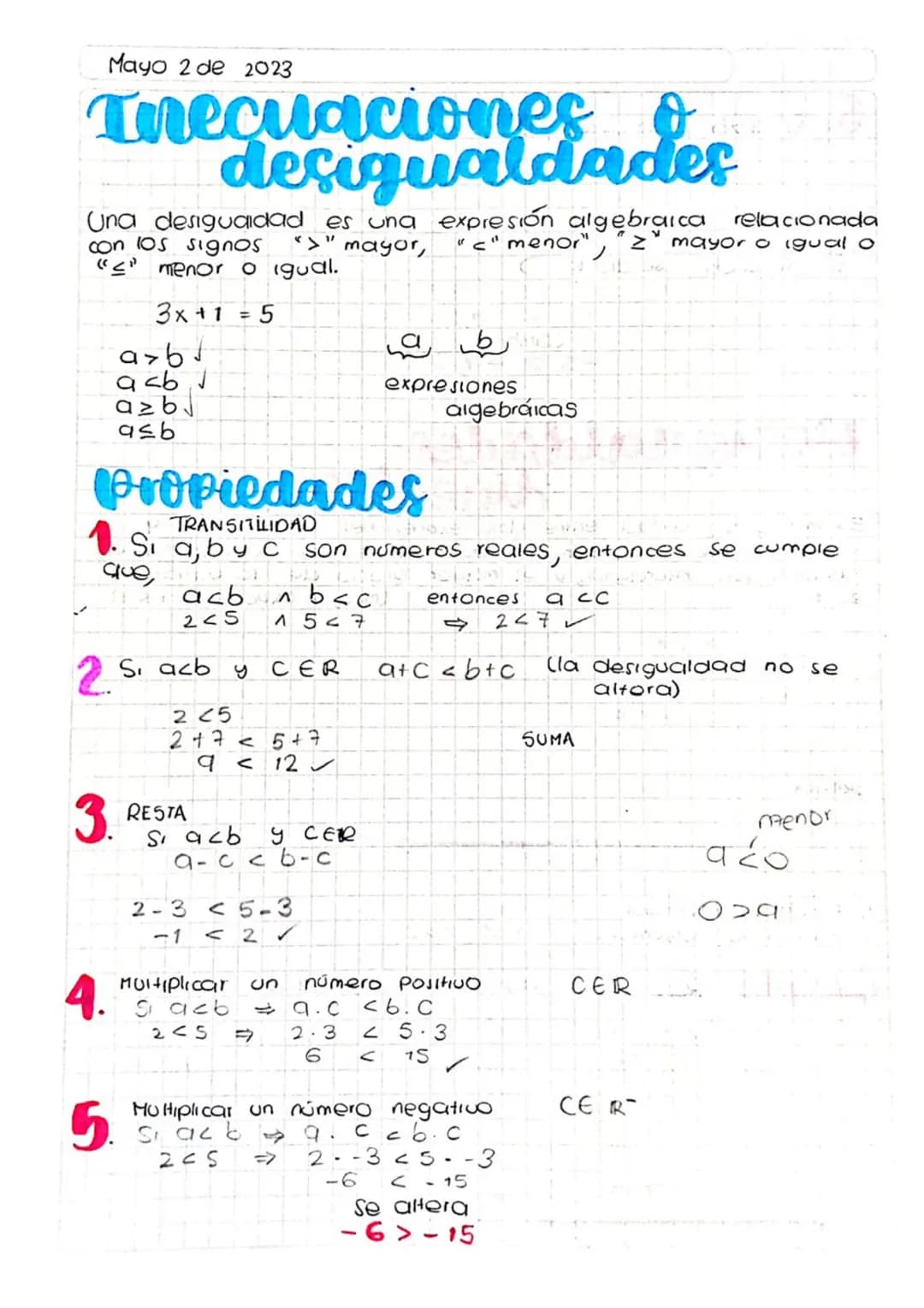 Mayo 2 de 2023
# Inecuaciones o desigualdades
Una desigualdad es una expresión algebraica relacionada
con los signos ">" mayor, "<" menor"