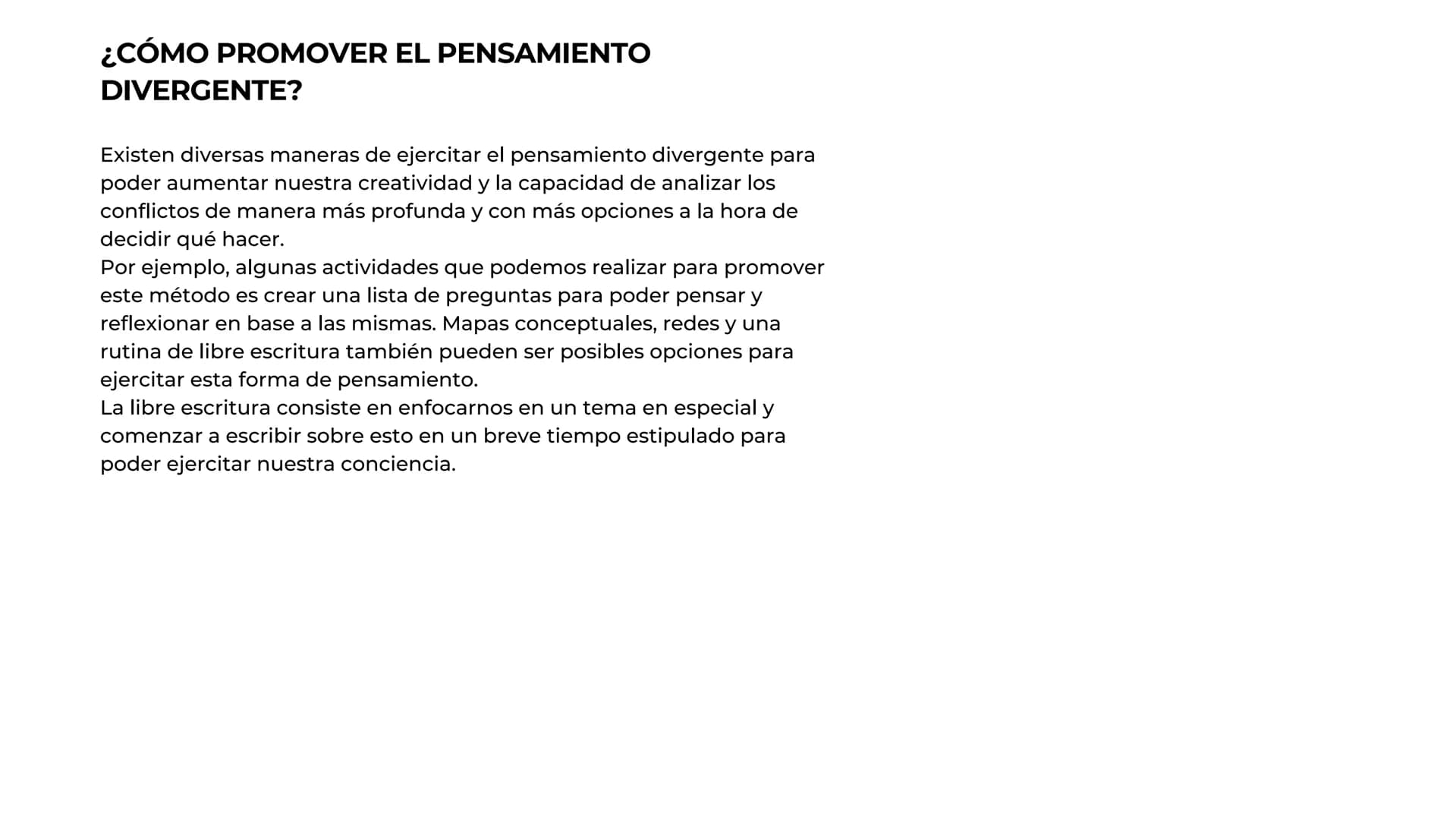 # Pensamiento
divergente # ¿QUE ES?
El pensamiento divergente o pensamiento lateral, es
aquel proceso o método de pensamiento que el cereb