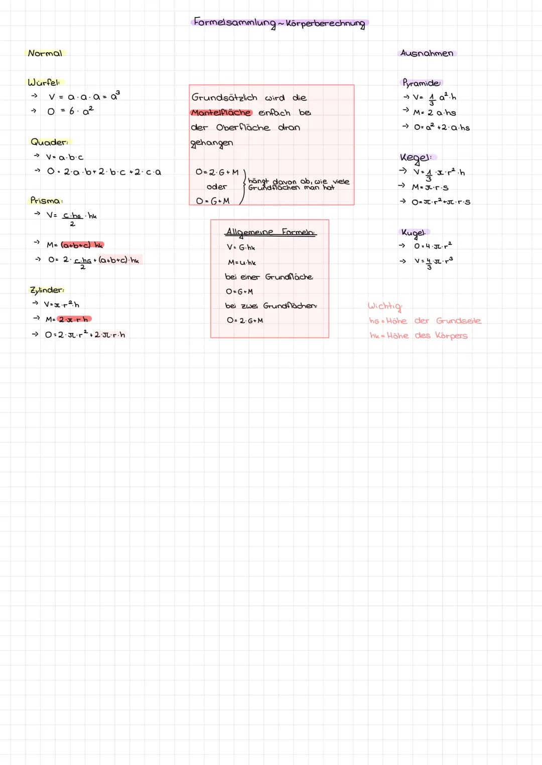 Normal
Würfel
→ V = a · a · a = $a^3$
→ O = 6 · $a^2$
Quader:
→ V = a · b · c
→ O = 2 · a · b + 2 · b · c + 2 · c · a
Prisma:
Formelsamml