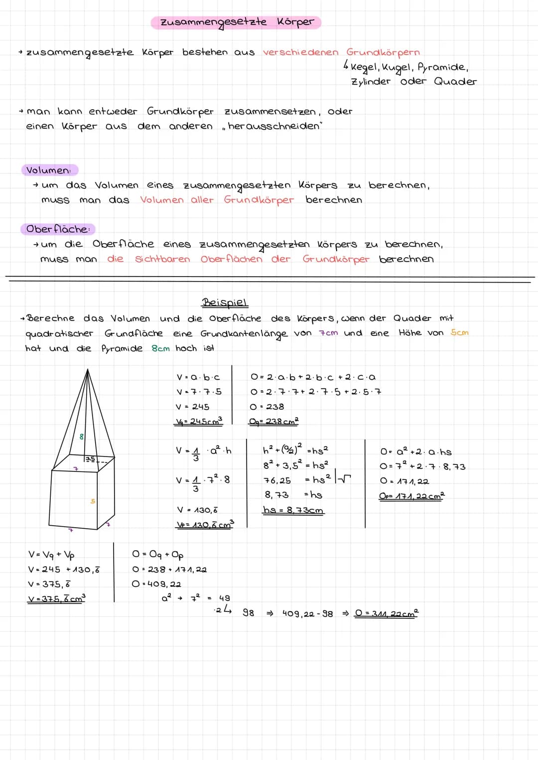 Normal
Würfel
→ V = a · a · a = $a^3$
→ O = 6 · $a^2$
Quader:
→ V = a · b · c
→ O = 2 · a · b + 2 · b · c + 2 · c · a
Prisma:
Formelsamml