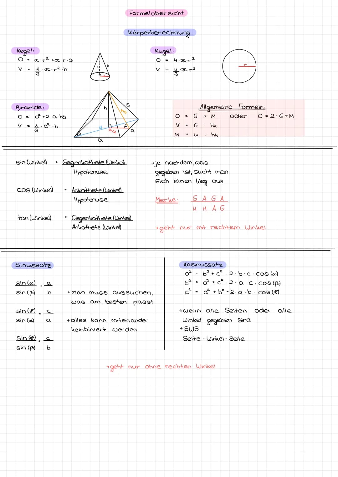 Normal
Würfel
→ V = a · a · a = $a^3$
→ O = 6 · $a^2$
Quader:
→ V = a · b · c
→ O = 2 · a · b + 2 · b · c + 2 · c · a
Prisma:
Formelsamml