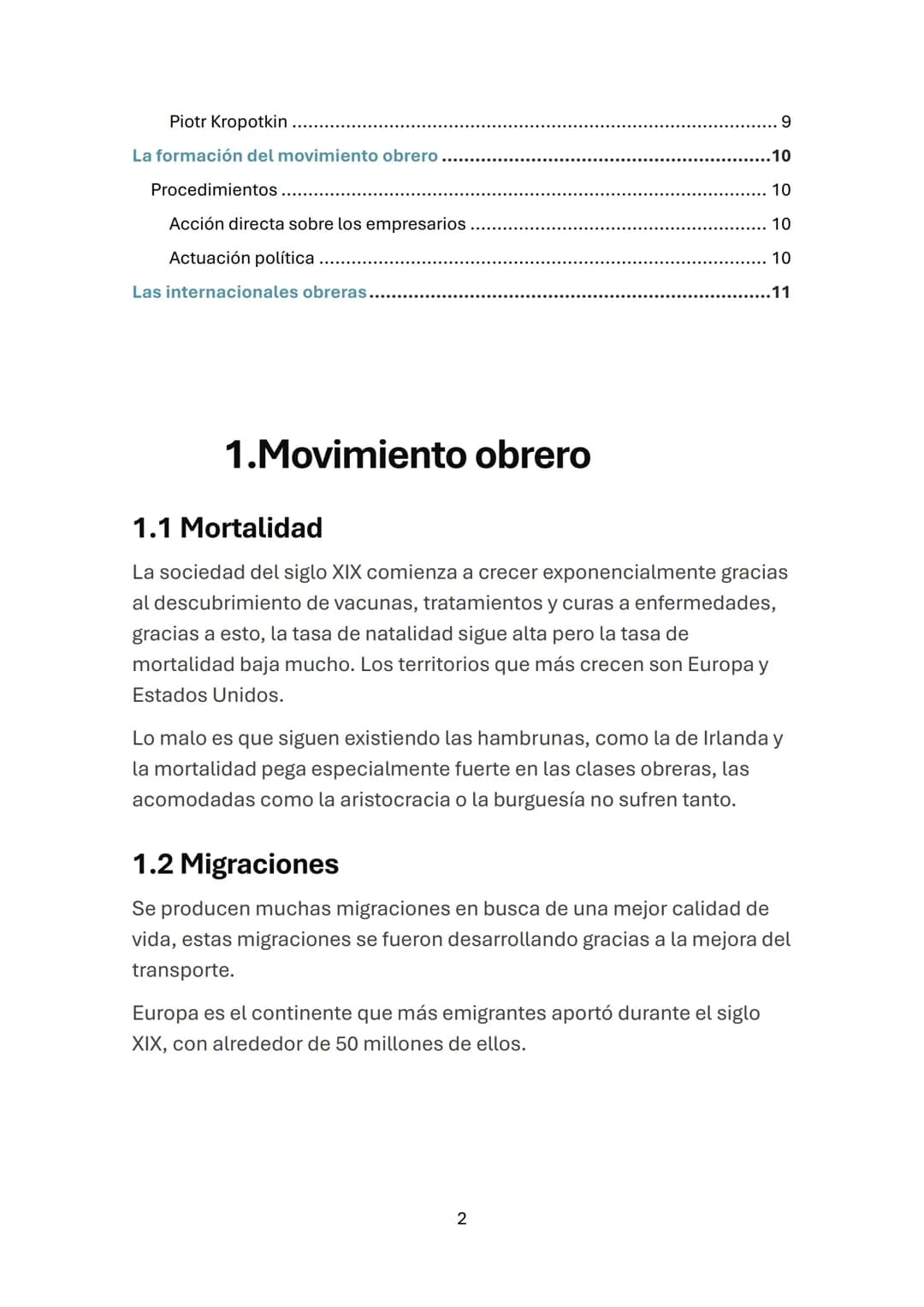 HISTORIA DEL MUNDO CONTEMPORÁNEO
Movimiento Obrero.
Índice de contenidos
1.1 Mortalidad ..................................................
