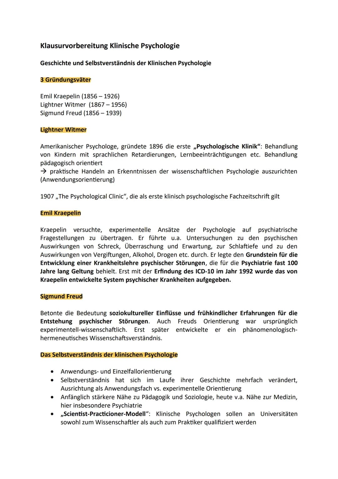 # Klausurvorbereitung Klinische Psychologie
Geschichte und Selbstverständnis der Klinischen Psychologie
## 3 Gründungsväter
Emil Kraepeli