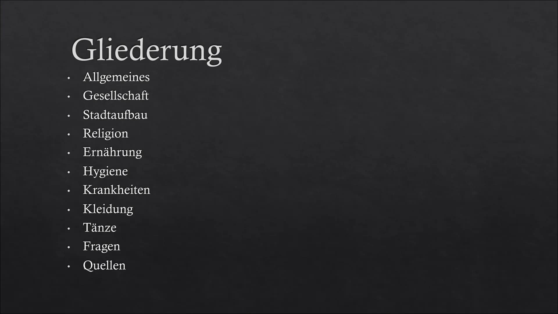 # Die Stadt im Mittelalter # Gliederung
* Allgemeines
* Gesellschaft
* Stadtaufbau
* Religion
* Ernährung
* Hygiene
* Krankhe