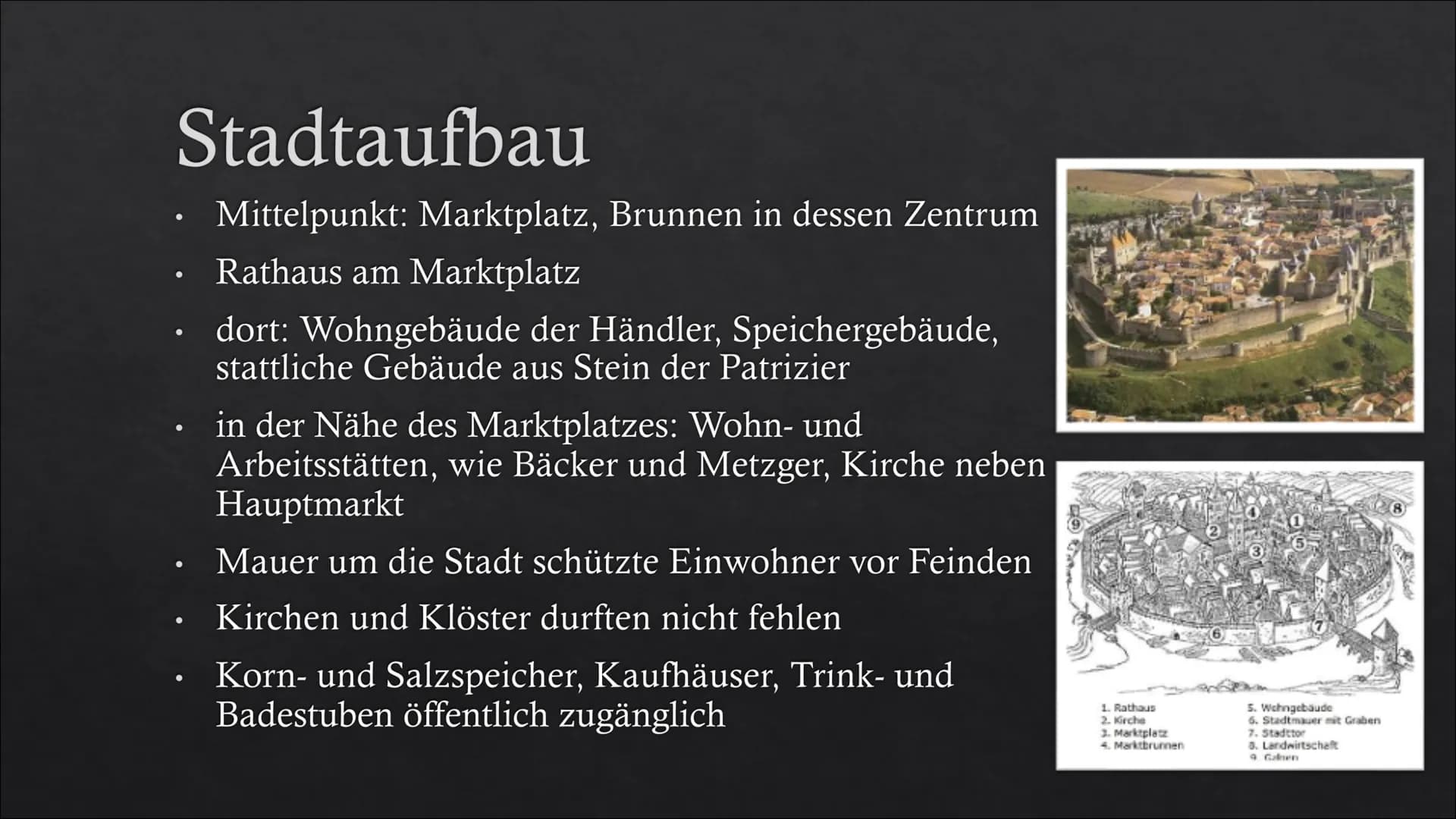 # Die Stadt im Mittelalter # Gliederung
* Allgemeines
* Gesellschaft
* Stadtaufbau
* Religion
* Ernährung
* Hygiene
* Krankhe