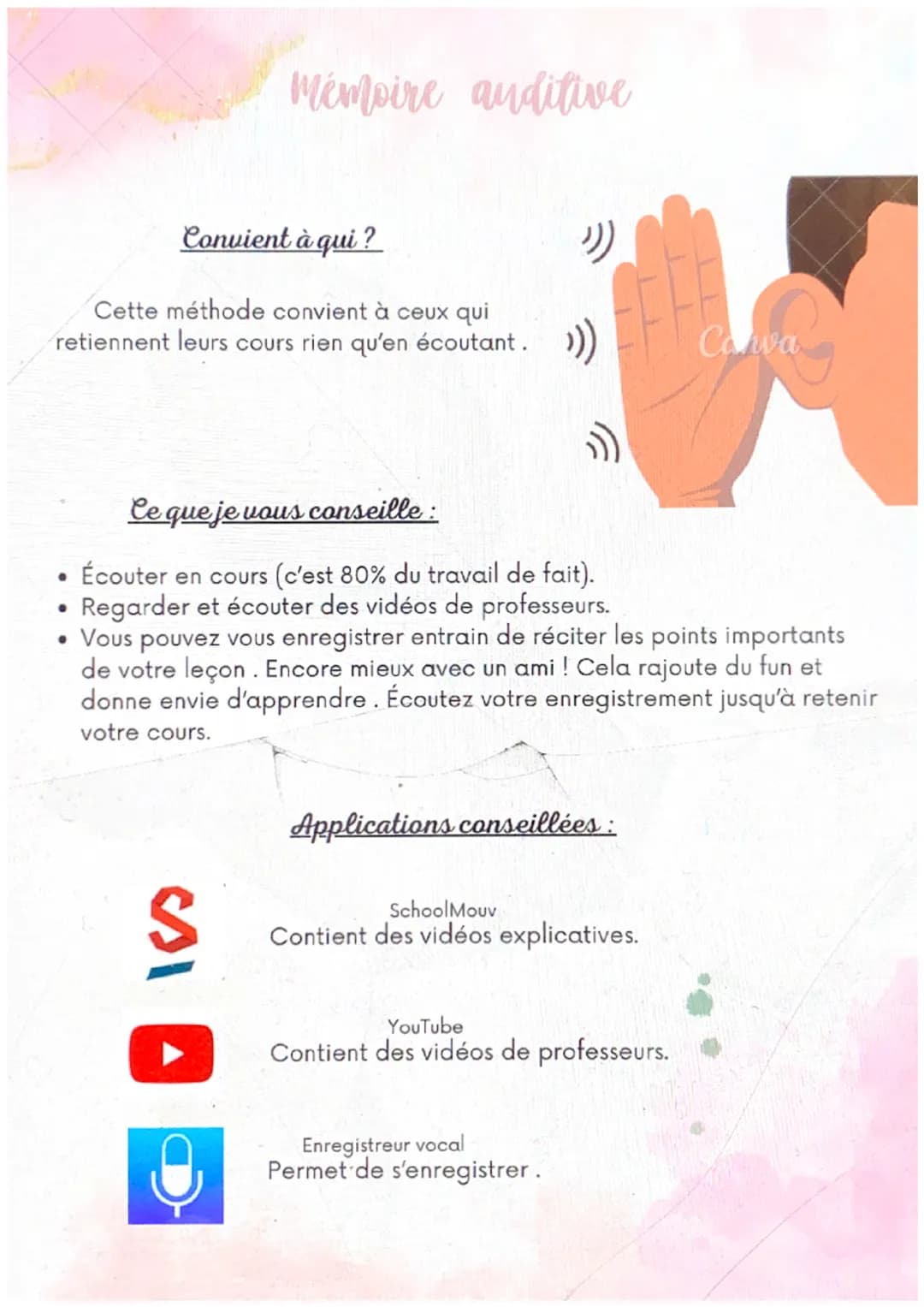 @studygirl
27
Comment réviser ?
méthodes de révision Mémoire auditive
Convient à qui?
Cette méthode convient à ceux qui
retiennent leurs