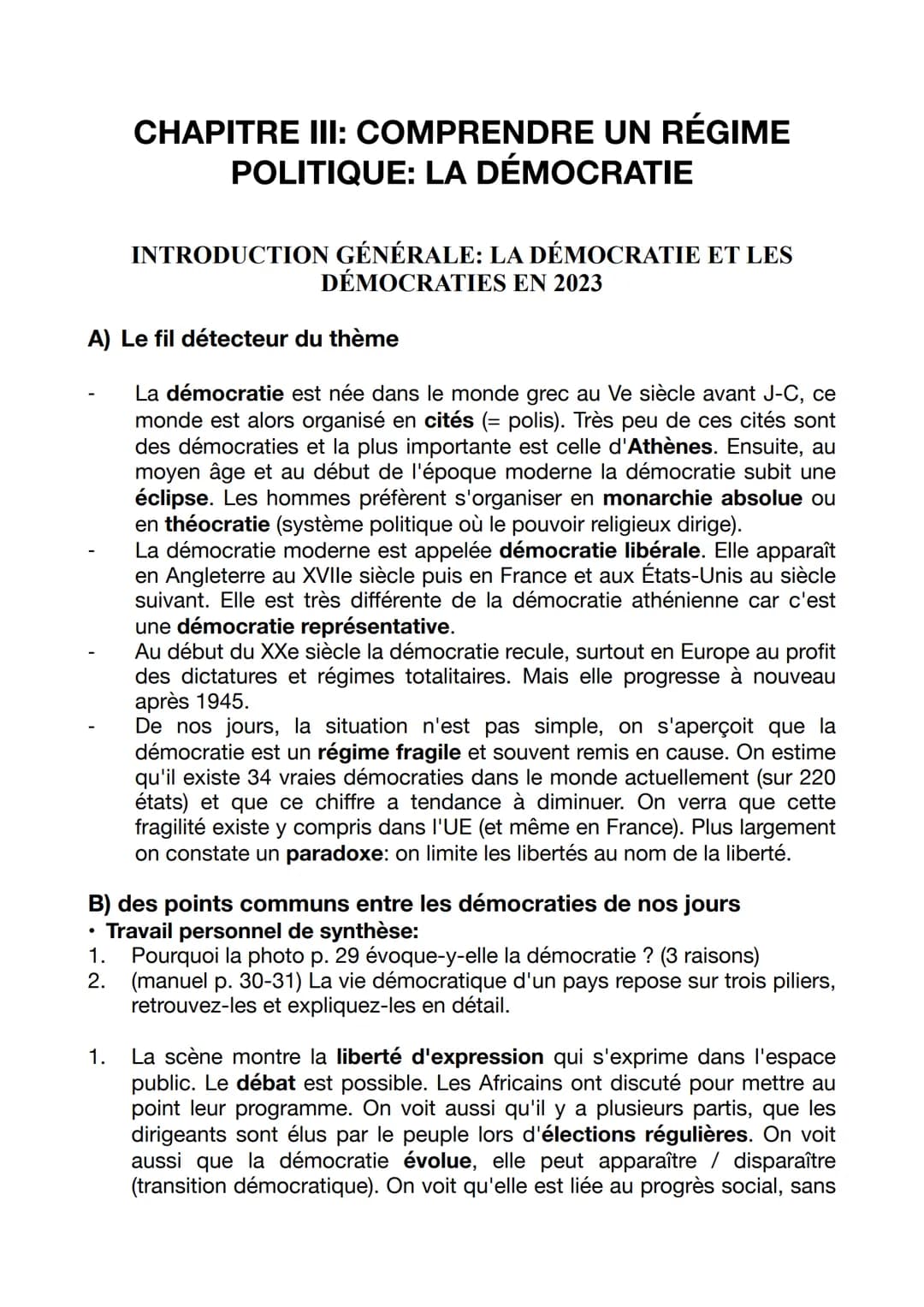 # CHAPITRE III: COMPRENDRE UN RÉGIME
POLITIQUE: LA DÉMOCRATIE
INTRODUCTION GÉNÉRALE: LA DÉMOCRATIE ET LES
DÉMOCRATIES EN 2023
A) Le fil dé