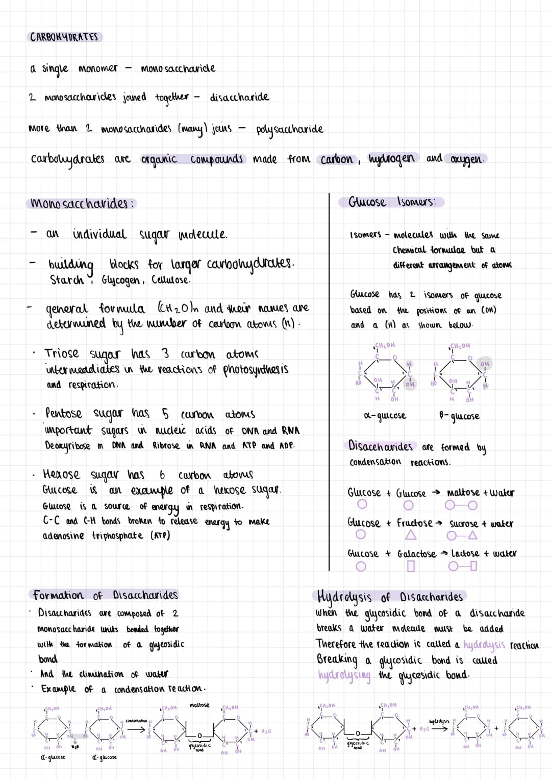 # CARBOHYDRATES
a single monomer - Mono saccharide
2 monosaccharides joined together - disaccharide
more than 2 monosaccharides (many) jo
