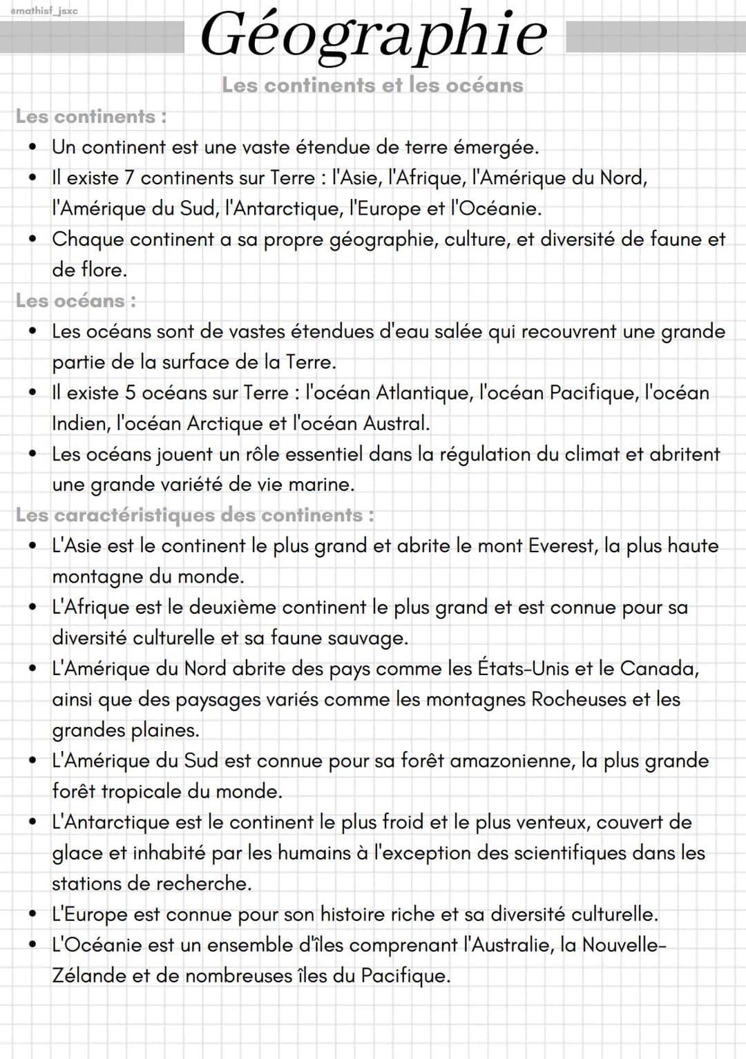 emathist jsxc
# Géographie
Les continents et les océans
Les continents:
* Un continent est une vaste étendue de terre émergée.
* Il ex