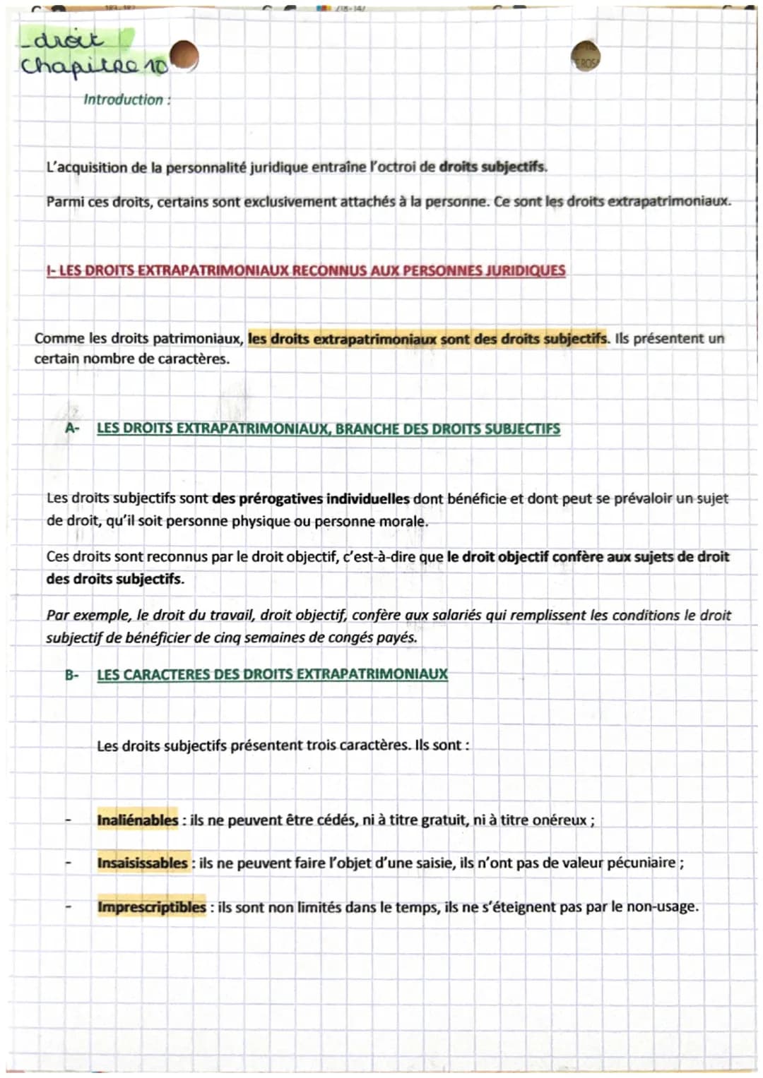 - droit
Chapitre 10
Introduction:
L'acquisition de la personnalité juridique entraîne l'octroi de droits subjectifs.
Parmi ces droits, ce