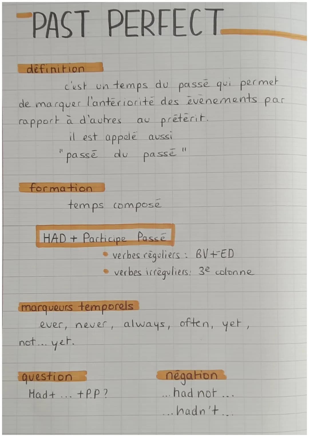 PAST PERFECT
definition
c'est un temps du passe qui permet
de marquer l'anteriorité des évènements par
rapport à d'autres au préterit.
il e