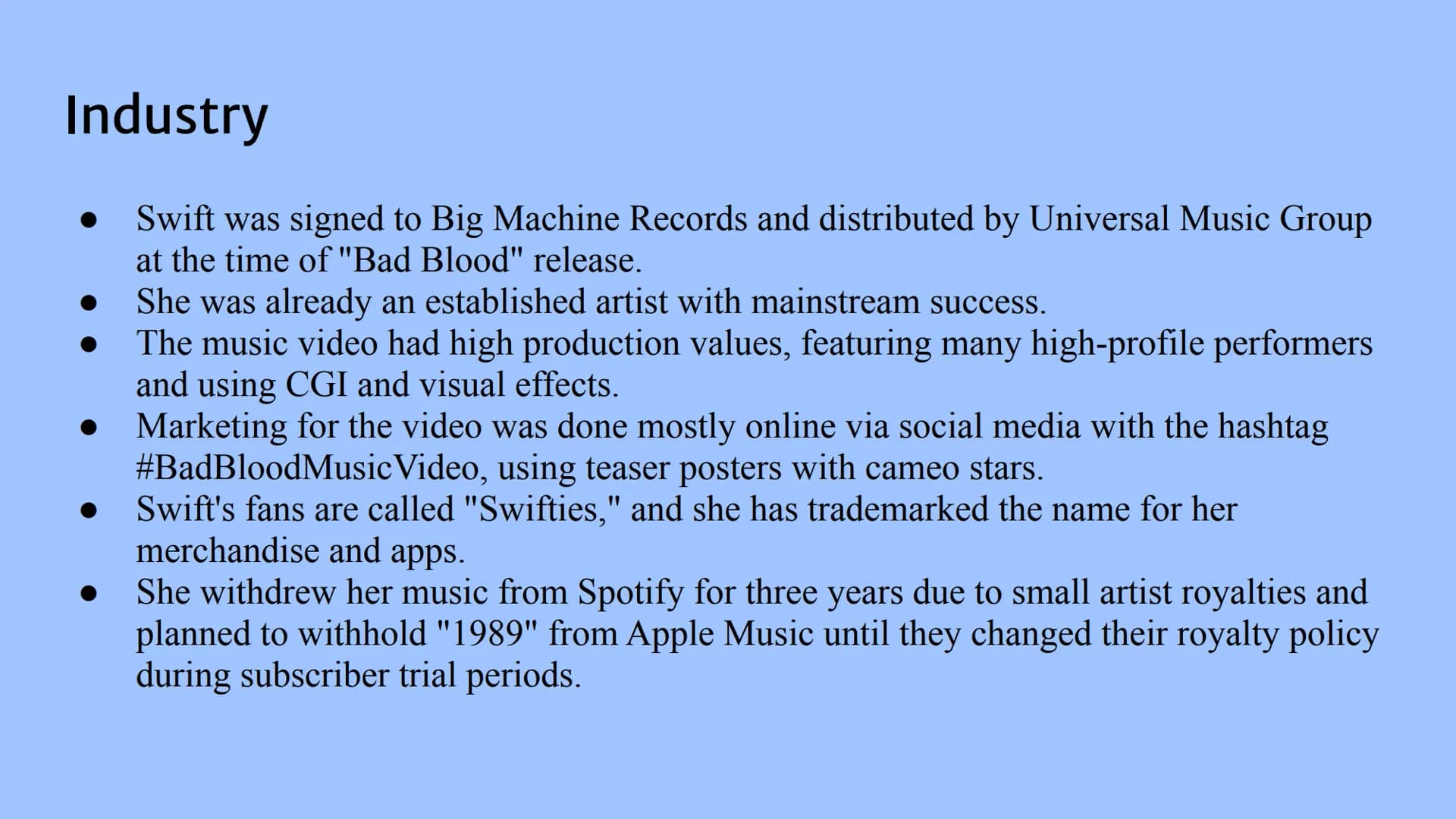 # Eduqas GCSE Media Studies
vevo # Background context
* "Bad Blood" released in May 2015, 4th single from album 1989 (2014).
* Remixed