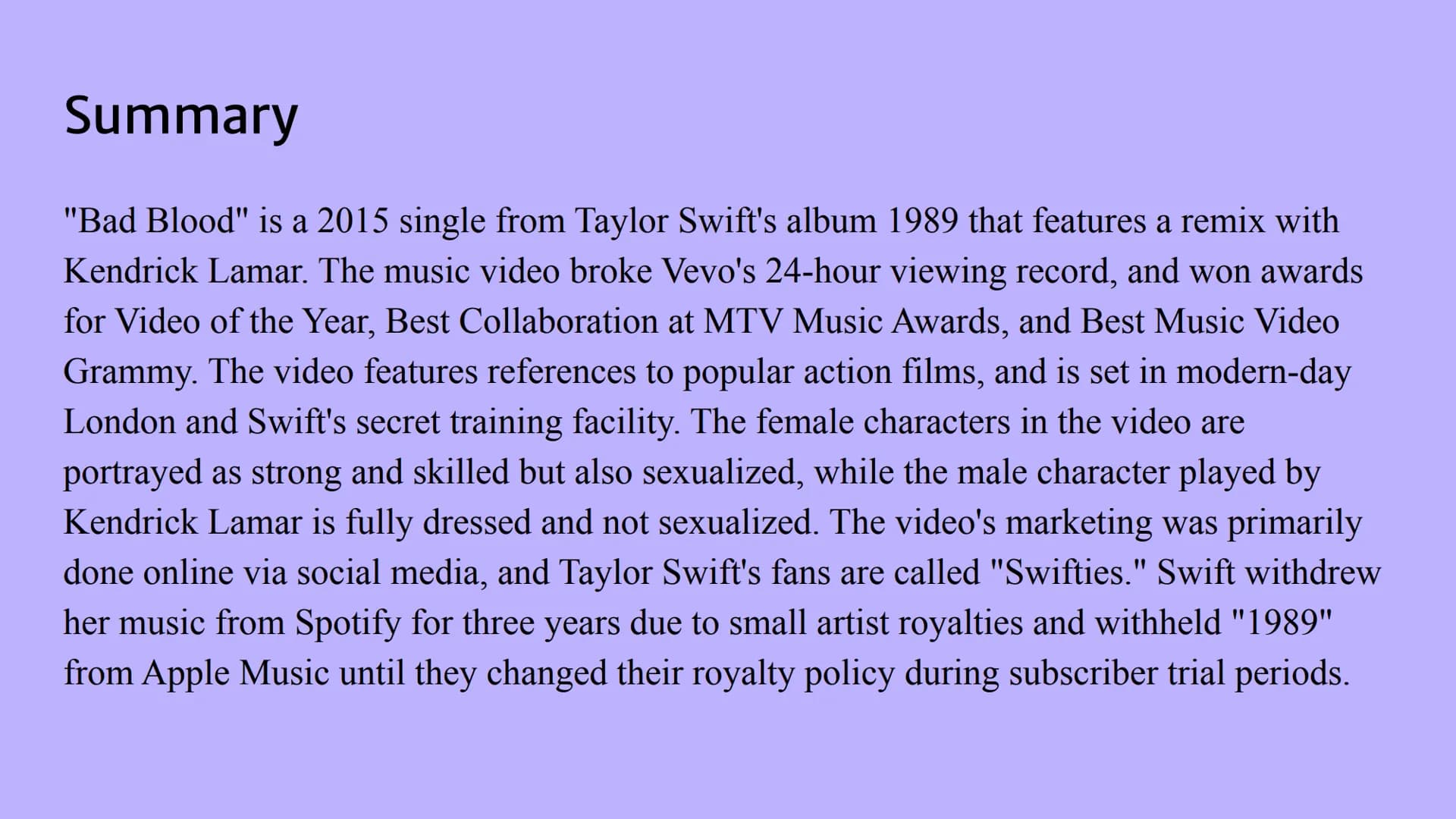 # Eduqas GCSE Media Studies
vevo # Background context
* "Bad Blood" released in May 2015, 4th single from album 1989 (2014).
* Remixed