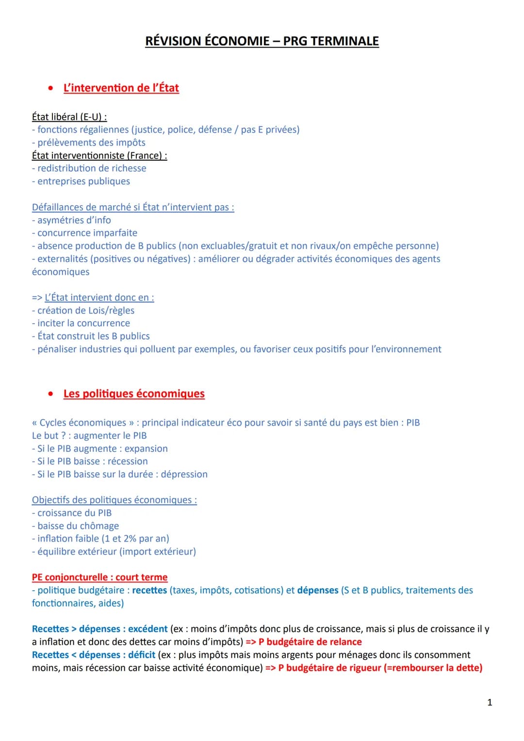 # RÉVISION ÉCONOMIE - PRG TERMINALE
- L'intervention de l'État
État libéral (E-U):
- fonctions régaliennes (justice, police, défense / pas