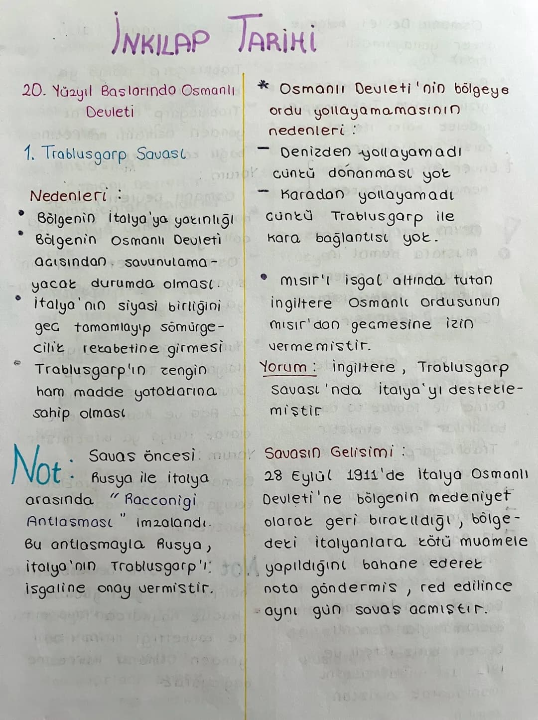 # İNKILAP TARİHİ
20. Yüzyıl Baslarında Osmanlı
Devleti
1. Trablusgarp Savası
Nedenleri :
* Bölgenin İtalya'ya yakınlığı
* Bölgenin O