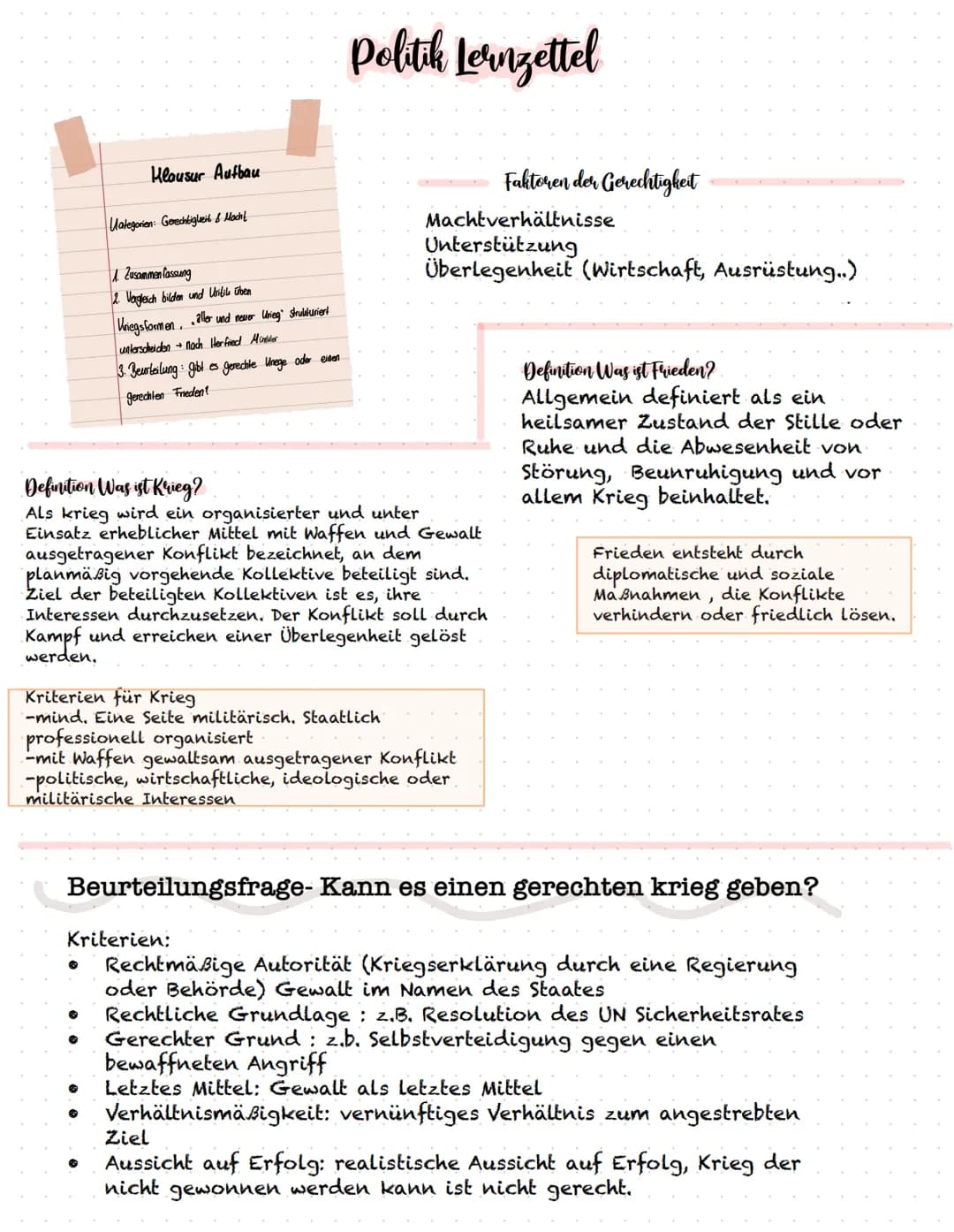 # Politik Lernzettel
Klausur Aufbau
Uategorien: Gerechtigheil & Machl
1 Zusammen lassung
2. Vergleich bilden und Uribilu üben
Kriegsfor