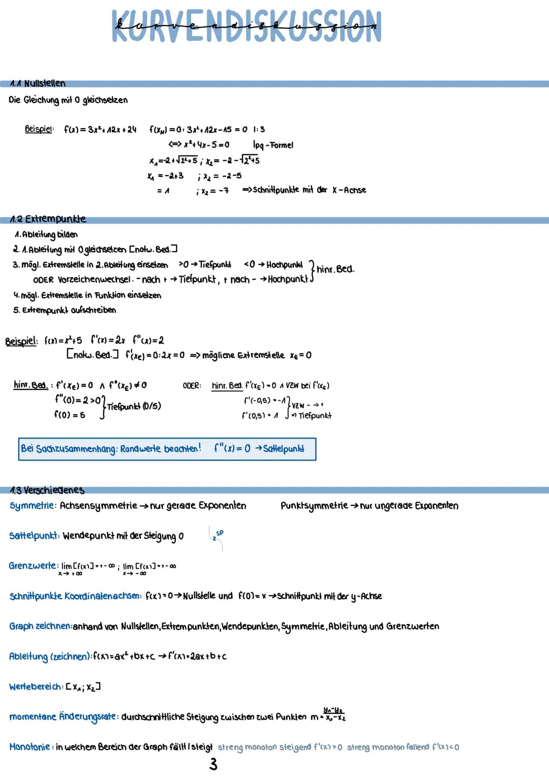 # Mathematik
1 Kurvendiskussion
1.1 Nullstellen
1.2 Extrempunkte
1.3 Verschiedenes
1.4 Wendepunkte
1.5 Tangente
1.6 Bedeutung der Wen