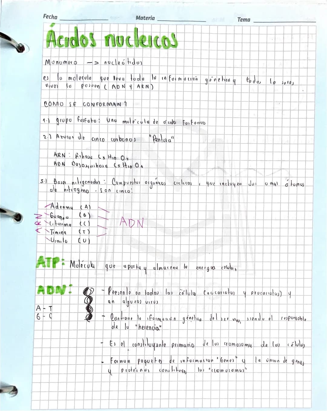 Fecha
Materia
Tema
# Ácidos nucleicos
Monompro -> nucleótidos
es la molecula que leva toolu lu información gönetics y todo, lo solo,
Vivos