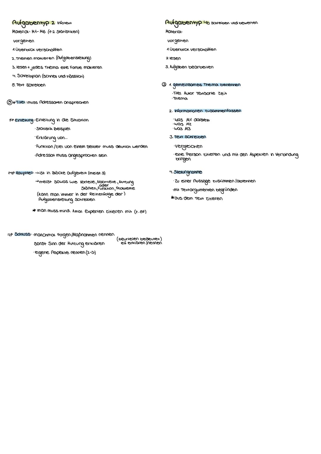 Aufgabentyp 2 Inforext
Material: M1-M6 (1-2 Statistiken)
vorgenen
1. Überblick verschaffen
2. Themen makieren (Aufgabensterung)
3. lesen + j