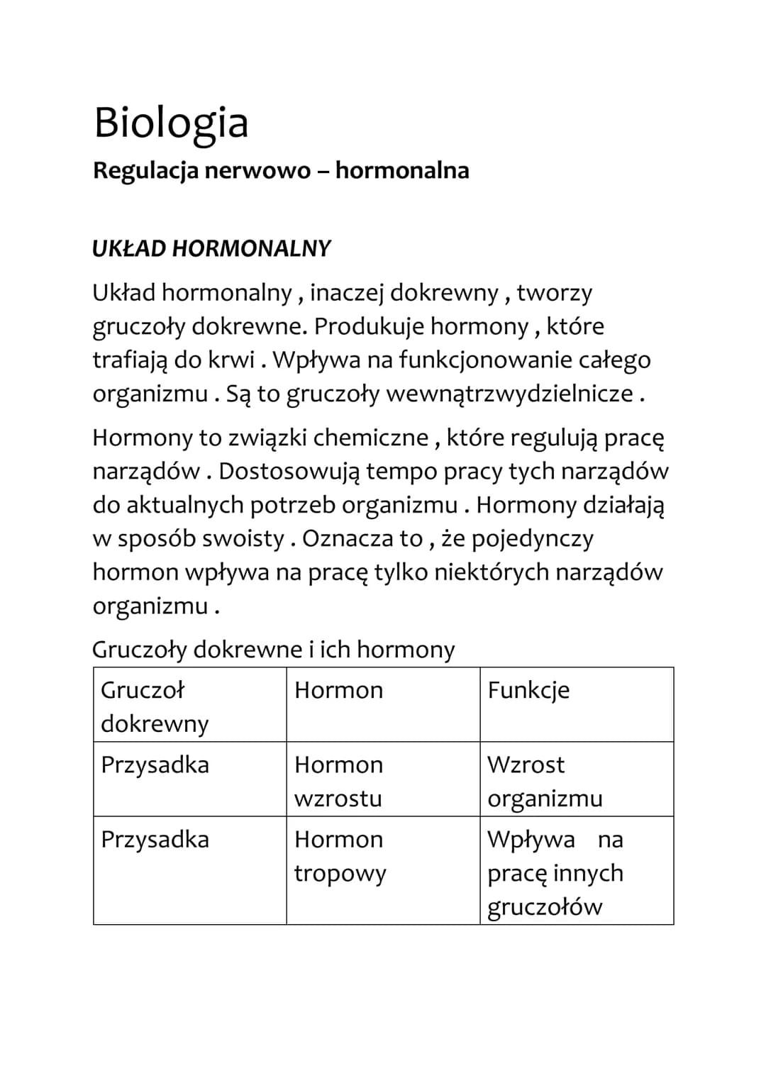 # Biologia
Regulacja nerwowo - hormonalna
UKŁAD HORMONALNY
Układ hormonalny, inaczej dokrewny, tworzy
gruczoły dokrewne. Produkuje hormon