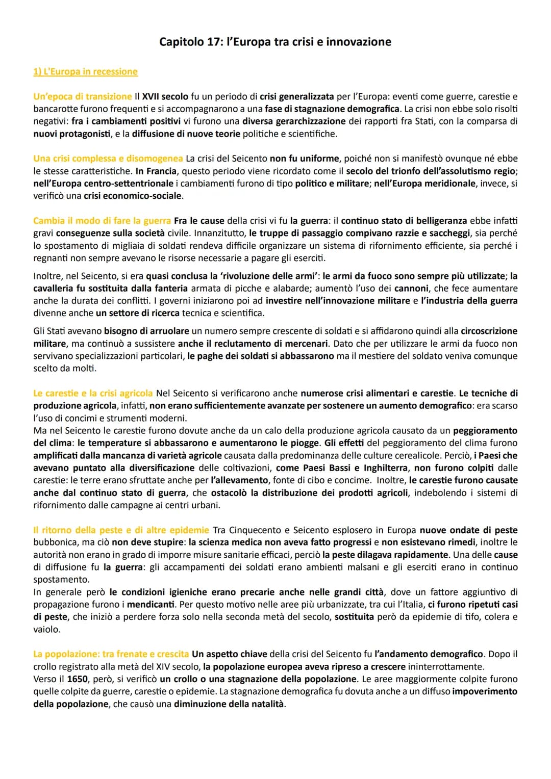 # Capitolo 17: l'Europa tra crisi e innovazione
1) L'Europa in recessione
Un'epoca di transizione II XVII secolo fu un periodo di crisi ge