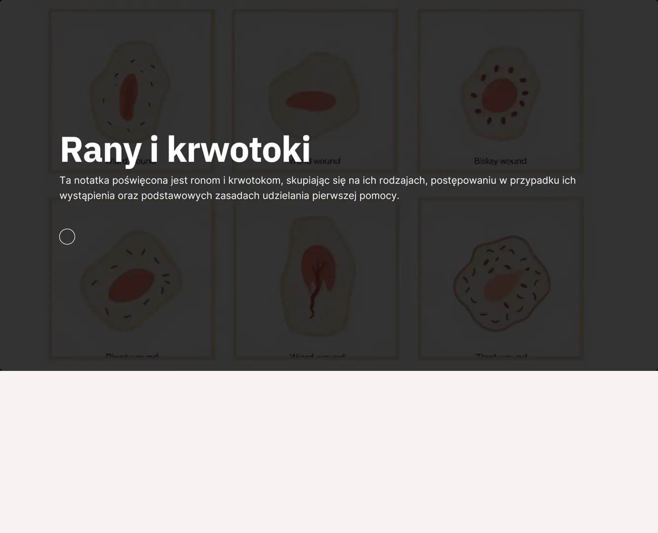 # Rany i krwotoki
wound
Biskey wound
Ta notatka poświęcona jest ronom i krwotokom, skupiając się na ich rodzajach, postępowaniu w przypad