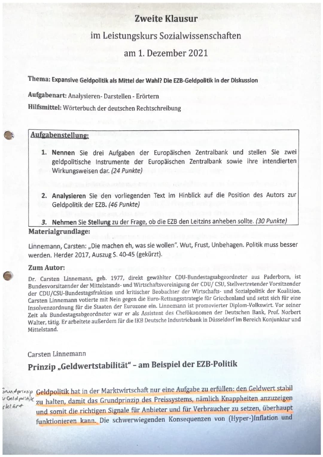 # Zweite Klausur
im Leistungskurs Sozialwissenschaften
am 1. Dezember 2021
Thema: Expansive Geldpolitik als Mittel der Wahl? Die EZB-Geld