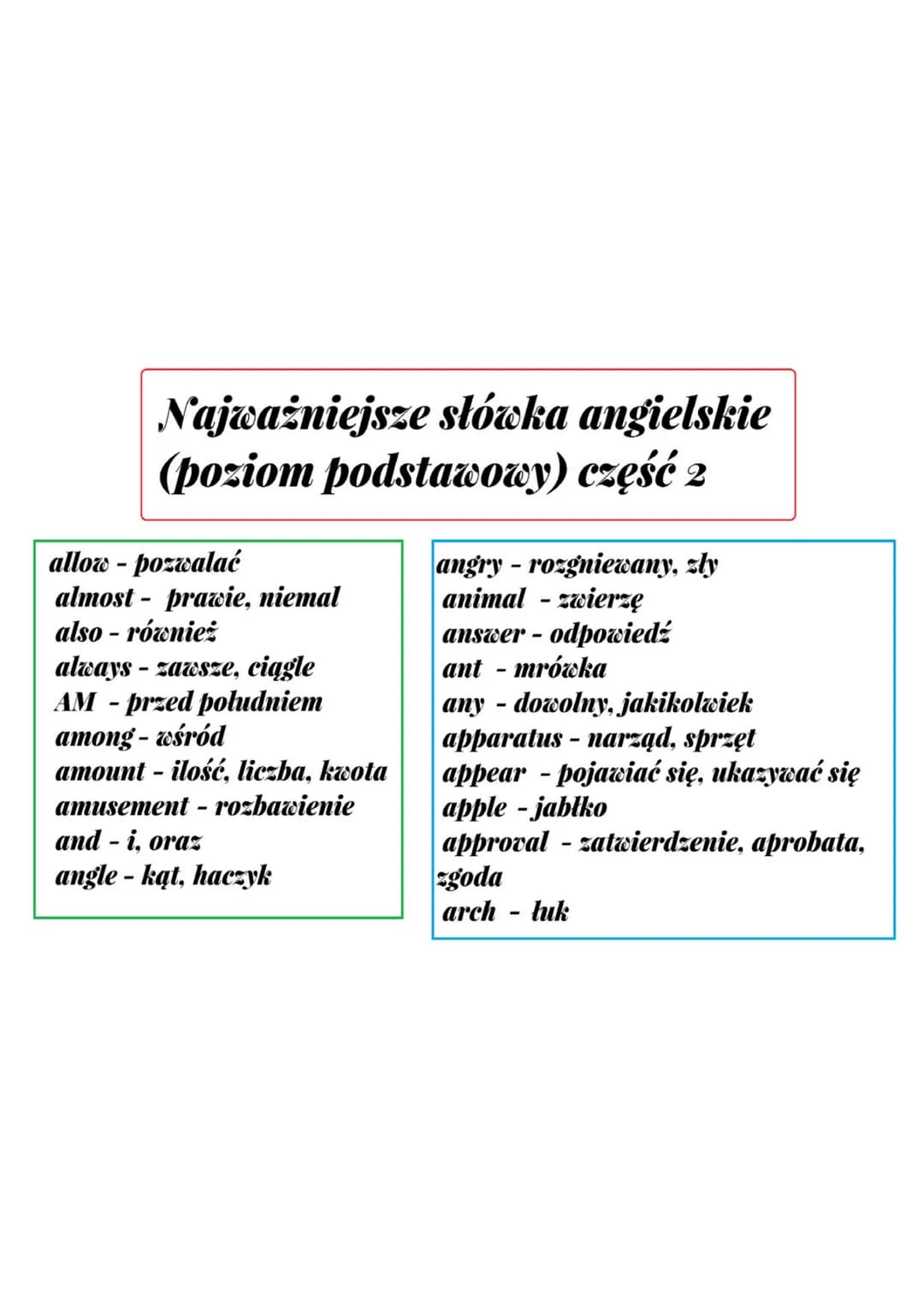 # Najważniejsze słówka angielskie
(poziom podstawowy) część 2
alloro - pozwalać
almost - prawie, niemal
also - również
always - zawsze, cią