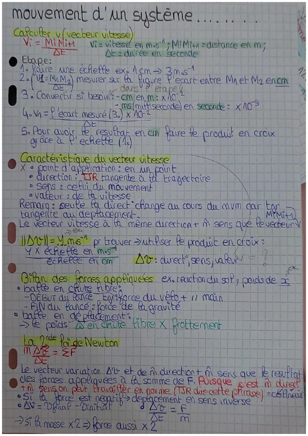 # mouvement d'un système..........
Calculer v/vecteur vitesse)
Vi = Mi Mith Viz vitesse en mos", MiMitn = distance en m;
• Etape:
$
\Delta