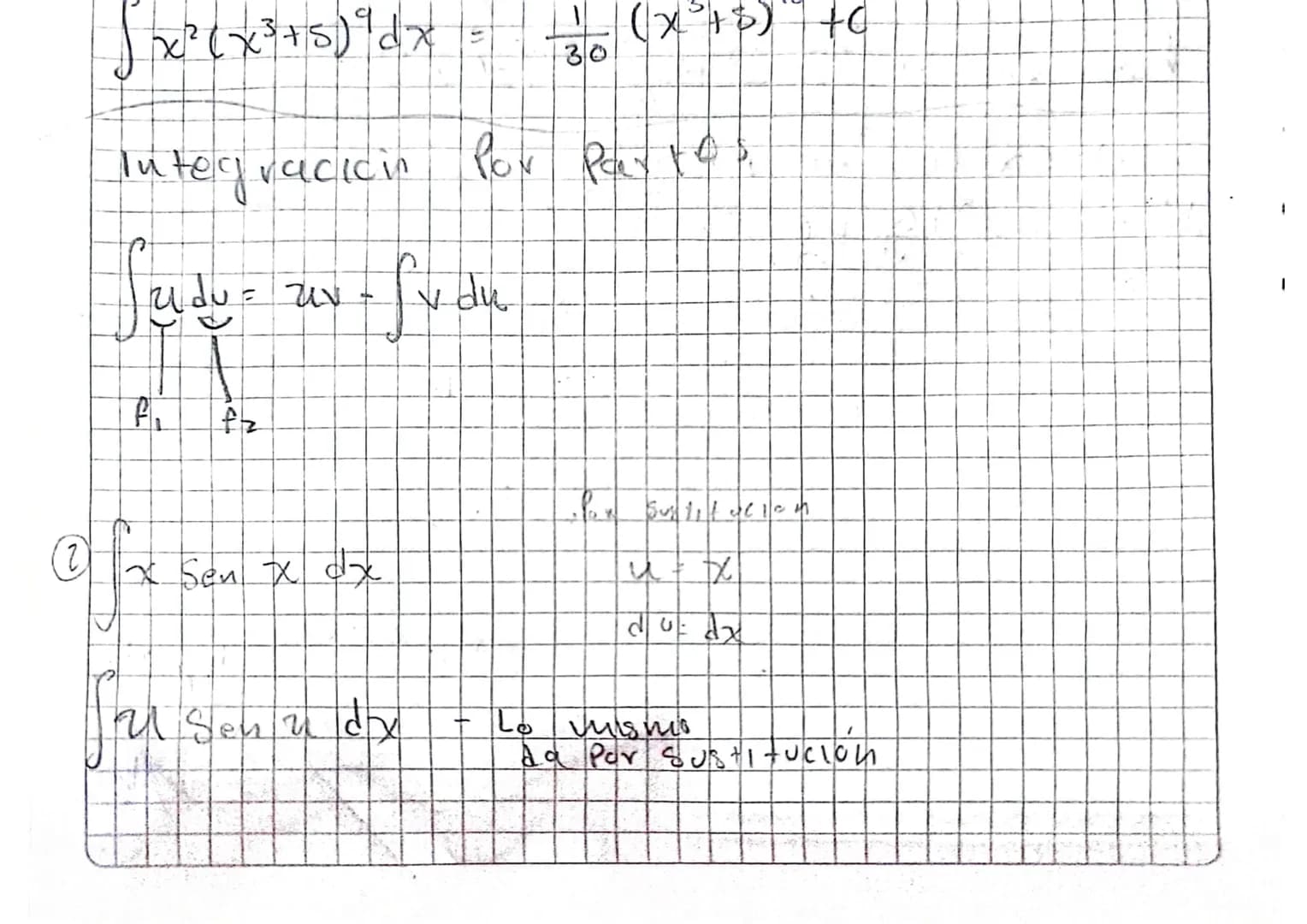 $\int x^2 (x^3+5)^9 dx = \frac{1}{30} (x^3+5)^{10} + C$
Integracicin Por Partes.
$\int u dv = uv - \int v du$
$\downarrow$ $\downarrow$
