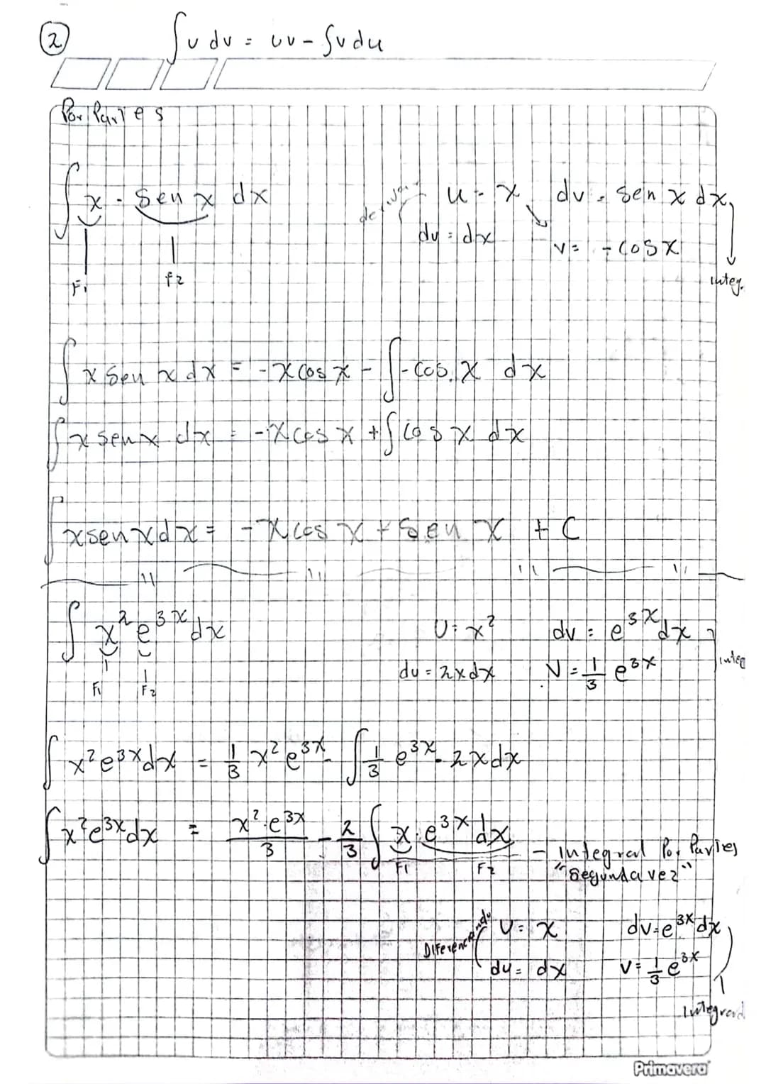 $\int x^2 (x^3+5)^9 dx = \frac{1}{30} (x^3+5)^{10} + C$
Integracicin Por Partes.
$\int u dv = uv - \int v du$
$\downarrow$ $\downarrow$
