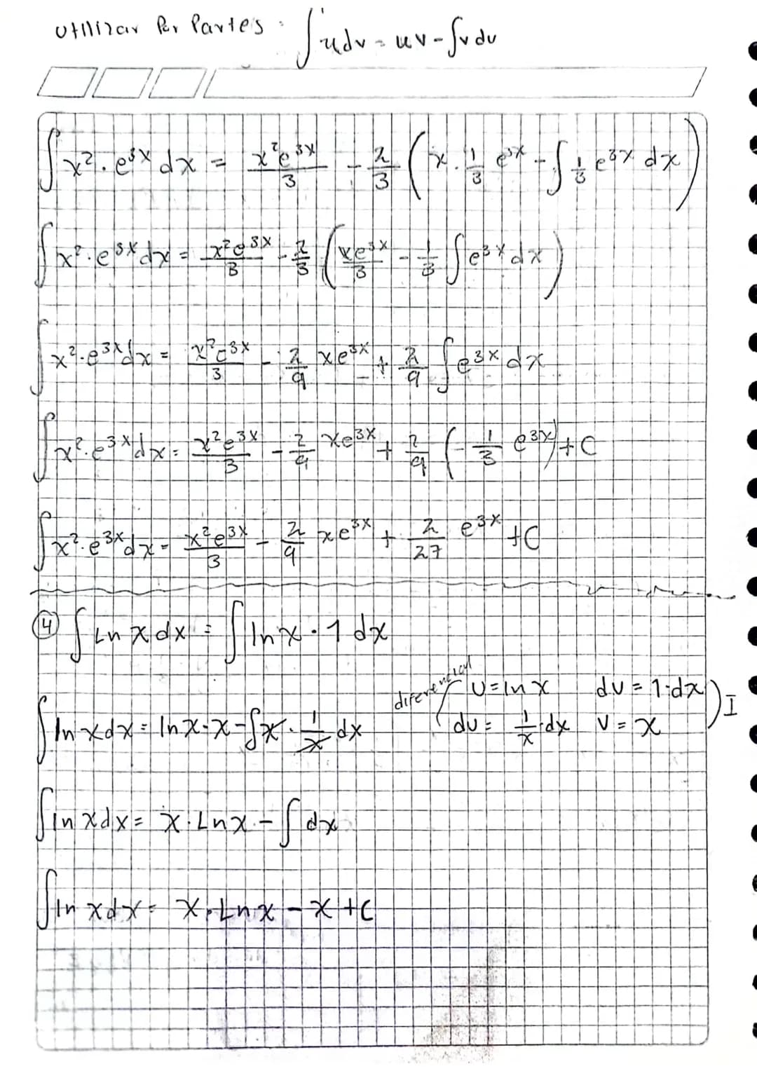 $\int x^2 (x^3+5)^9 dx = \frac{1}{30} (x^3+5)^{10} + C$
Integracicin Por Partes.
$\int u dv = uv - \int v du$
$\downarrow$ $\downarrow$