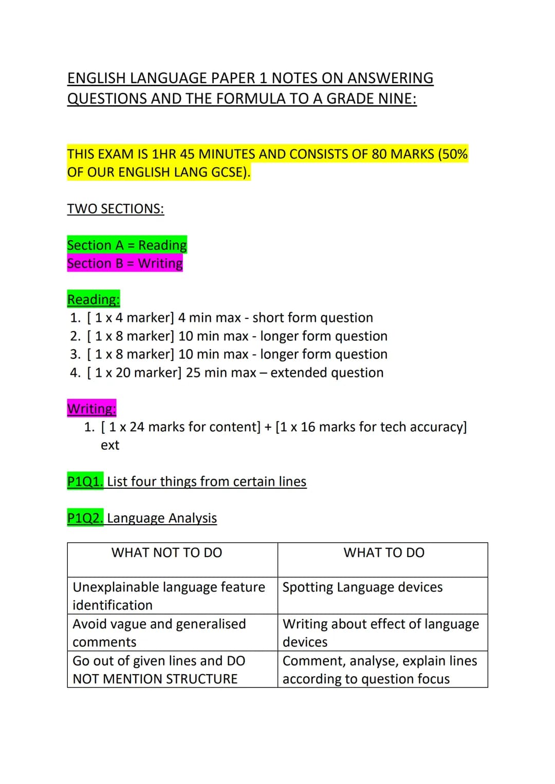 # ENGLISH LANGUAGE PAPER 1 NOTES ON ANSWERING
QUESTIONS AND THE FORMULA TO A GRADE NINE:
THIS EXAM IS 1HR 45 MINUTES AND CONSISTS OF 80 MAR