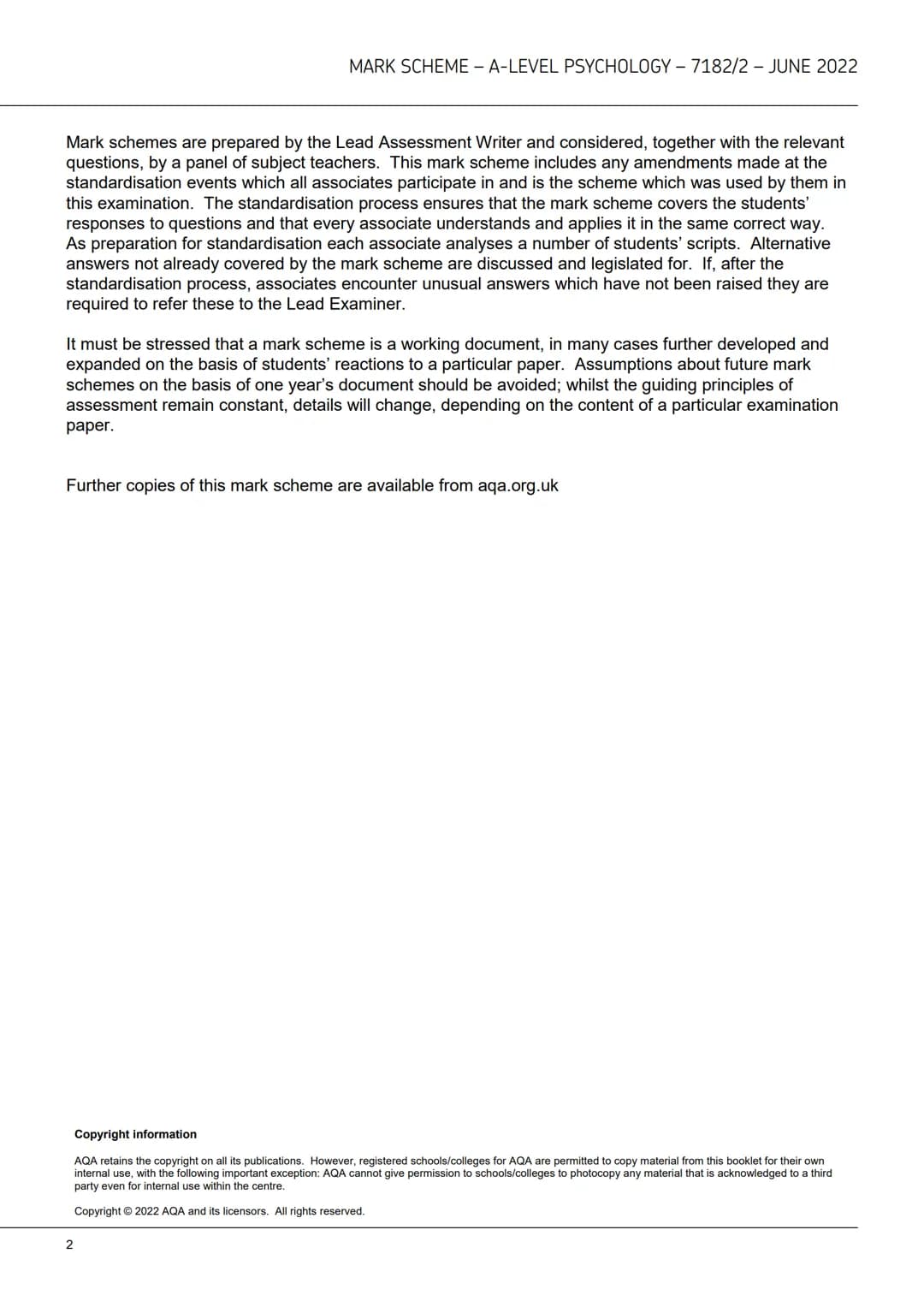 AQA
A-level
PSYCHOLOGY
7182/2
Paper 2 Psychology in context
Mark scheme
June 2022
Version: 1.0 Final Mark Scheme
2 2 6 A 7 1 8 2/2/MS M