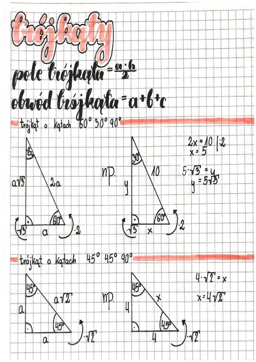 # trójkąty
pole trójkąta = $\frac{a \cdot h}{2}$
obwód brójkąta = a+b+c
trójkąt o kątach 60° 30° 90°
30
avs
2a
60
a
2
np.
trójkąt o