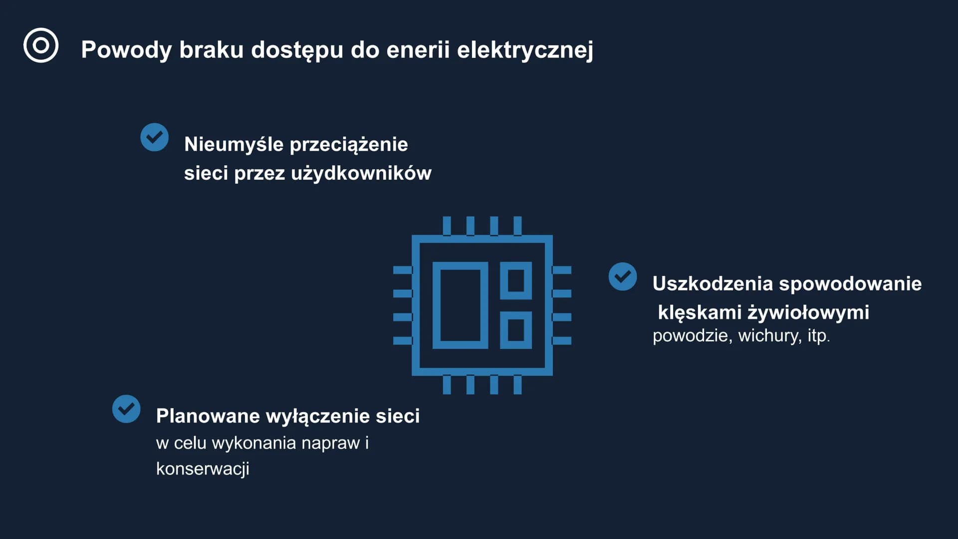 # Braki dostaw
energii elektrycznej # Powody braku dostępu do enerii elektrycznej
* Nieumyśle przeciążenie
sieci przez użydkowników
*