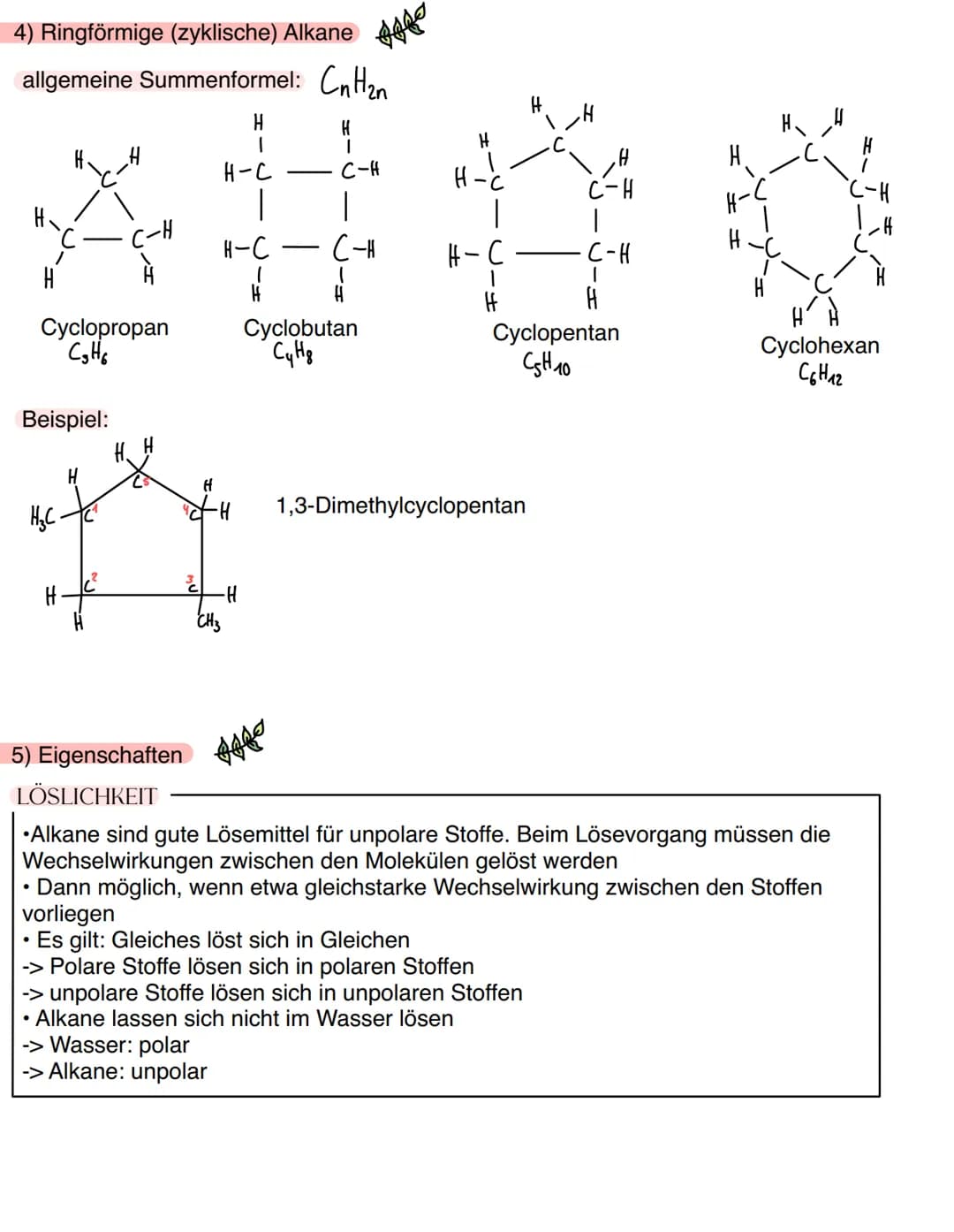 # Chemie
ORGANISCHE CHEMIE
Alkane
1) homologe Reihe 100 Allgemeine Summenformel: $C_nH_{2n+2}$
| Name | Formel | Strukturformel |
|