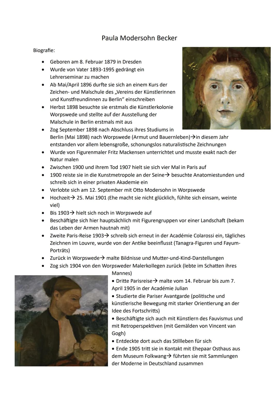 Biografie:
Paula Modersohn Becker
- Geboren am 8. Februar 1879 in Dresden
- Wurde von Vater 1893-1995 gedrängt ein
Lehrerseminar zu machen