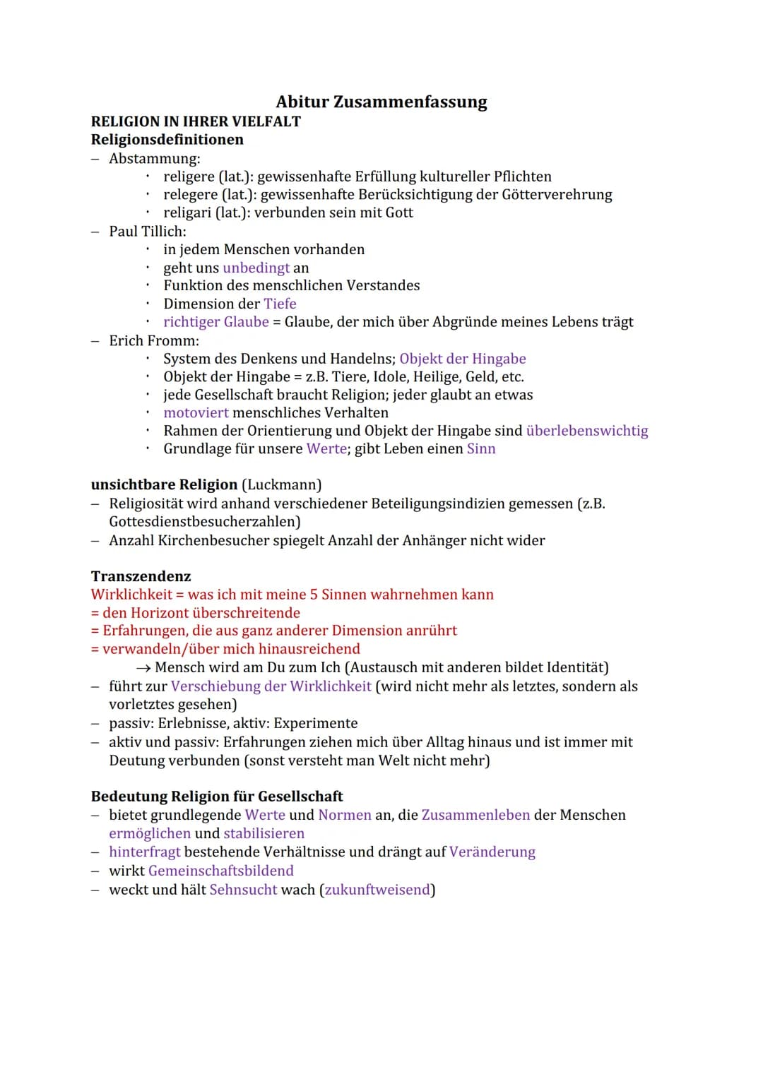 # Abitur Zusammenfassung
RELIGION IN IHRER VIELFALT
Religionsdefinitionen
- Abstammung:
* religere (lat.): gewissenhafte Erfüllung k
