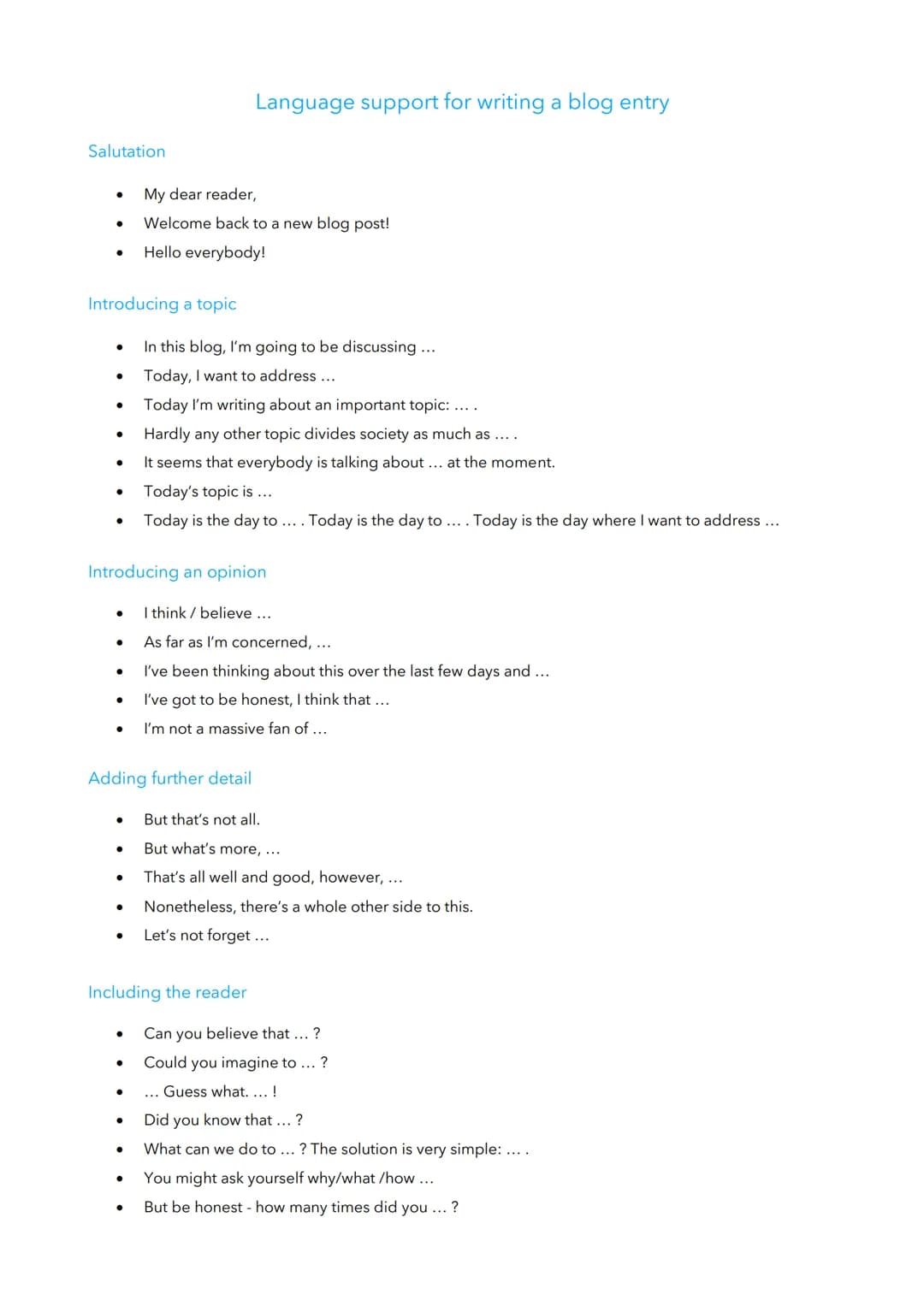 Language support for writing a blog entry
Salutation
- My dear reader,
- Welcome back to a new blog post!
- Hello everybody!
Introducing