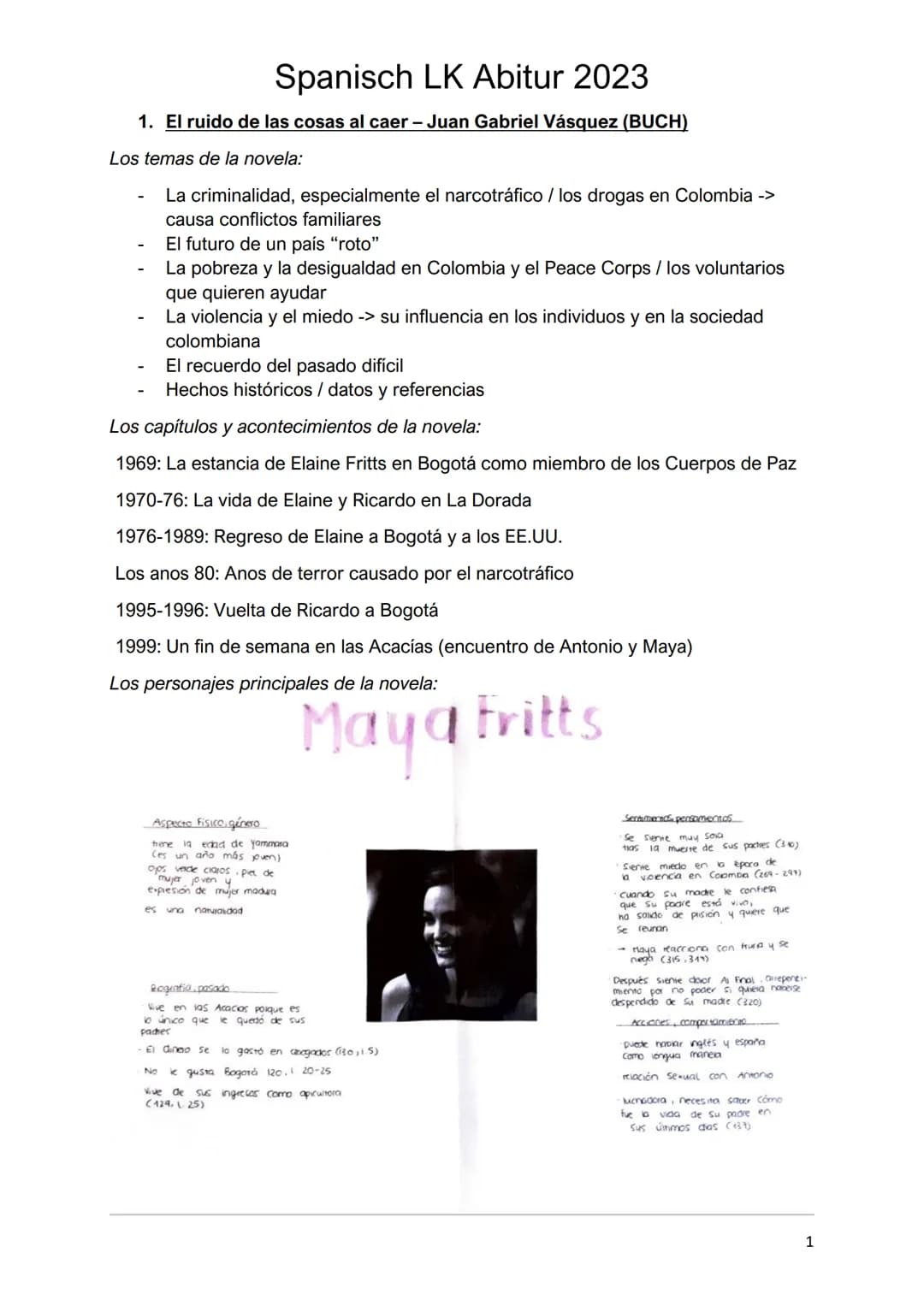 # Spanisch LK Abitur 2023
1. El ruido de las cosas al caer - Juan Gabriel Vásquez (BUCH)
Los temas de la novela:
- La criminalidad, espe