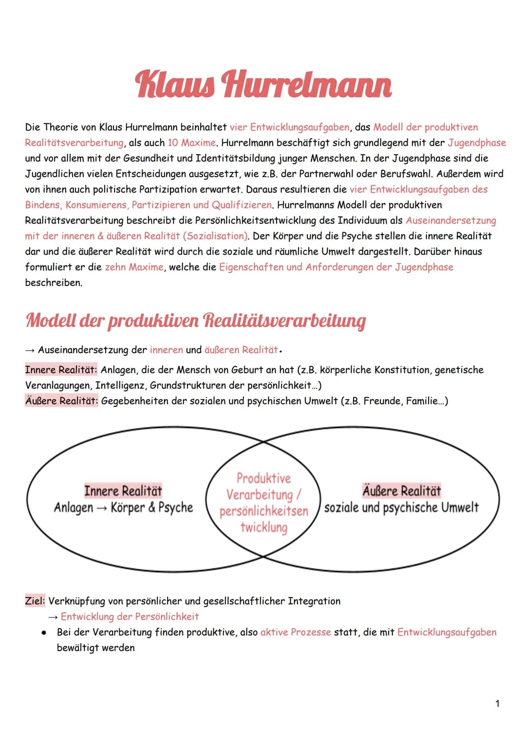 # Klaus Hurrelmann
Die Theorie von Klaus Hurrelmann beinhaltet vier Entwicklungsaufgaben, das Modell der produktiven
Realitätsverarbeitung,