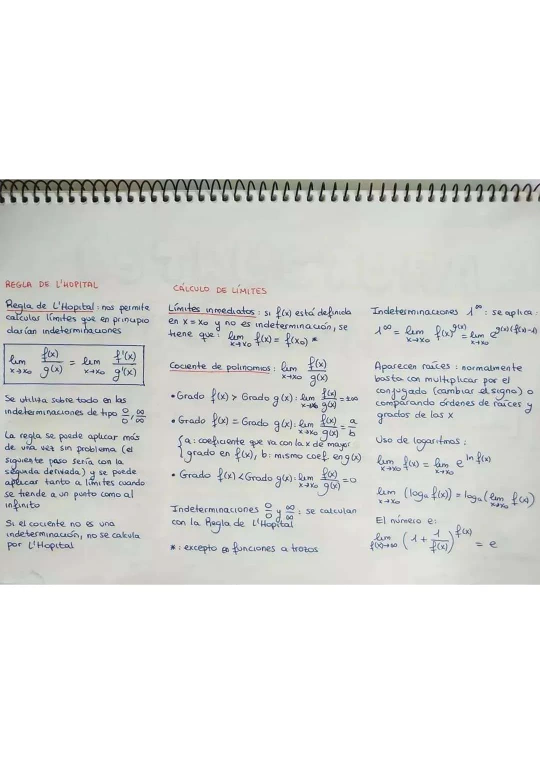 REGLA DE L'HOPITAL
CÁLCULO DE LÍMITES
Regla de L'Hopital: nos permite Límites inmediatos: si f(x) está definida
calculas límites que en prin