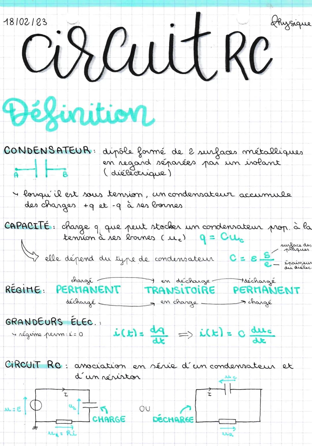 # 18/02/23
# circuit RC
## Définition
Physique
CONDENSATEUR: dipõle formé de 2 surfaces métalliques
en regard séparées par un isolant
