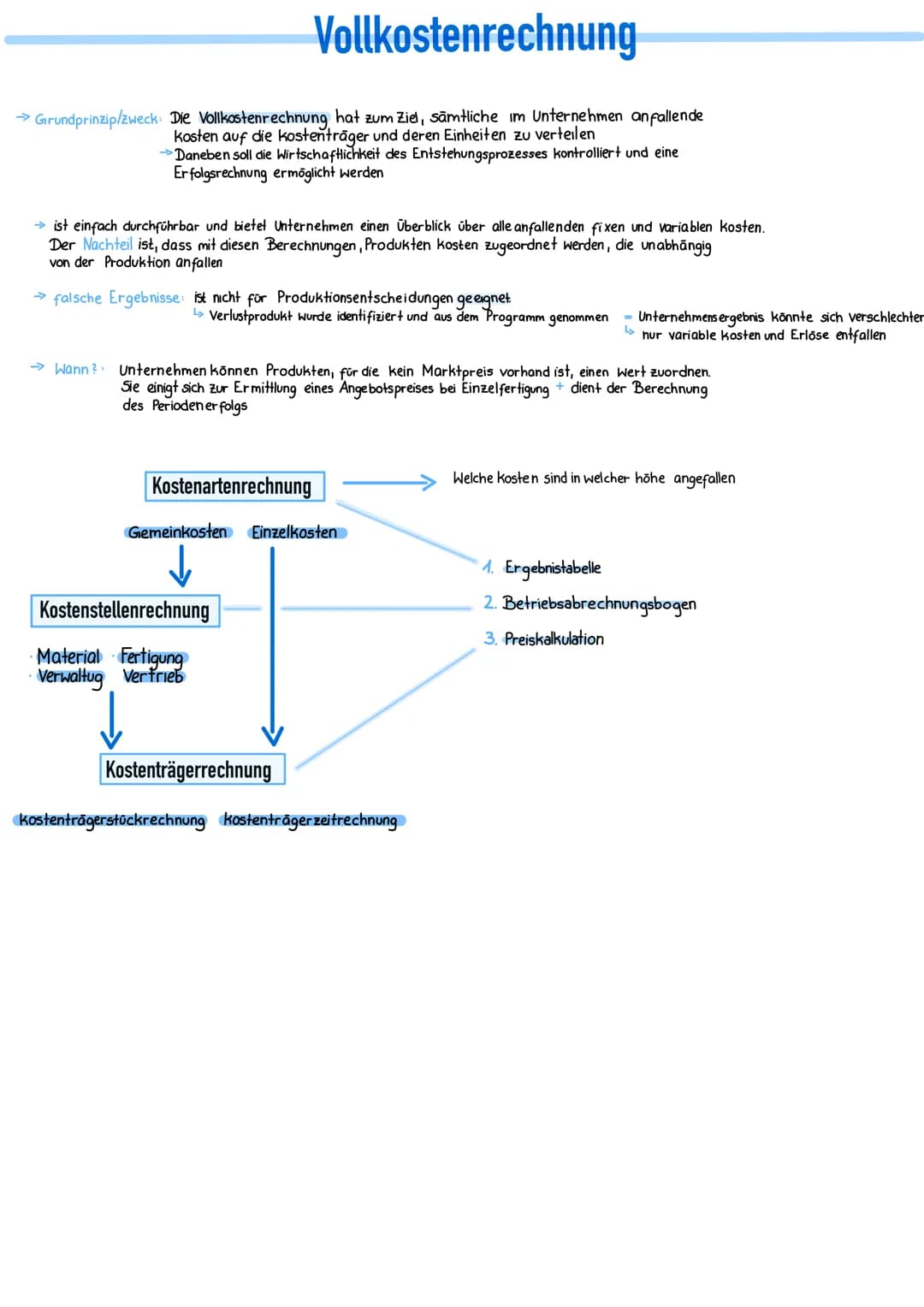 # Vollkostenrechnung
→ Grundprinzip/zweck Die Vollkostenrechnung hat zum Ziel, sämtliche im Unternehmen anfallende
kosten auf die kostenträ
