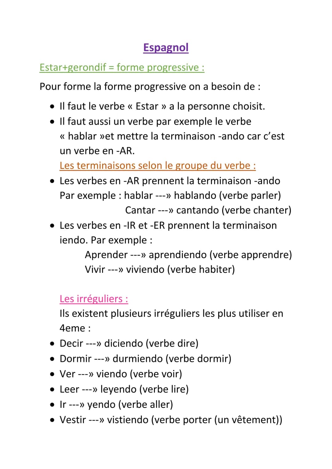 Espagnol
Estar+gerondif = forme progressive :
Pour forme la forme progressive on a besoin de :
• Il faut le verbe << Estar >> a la person